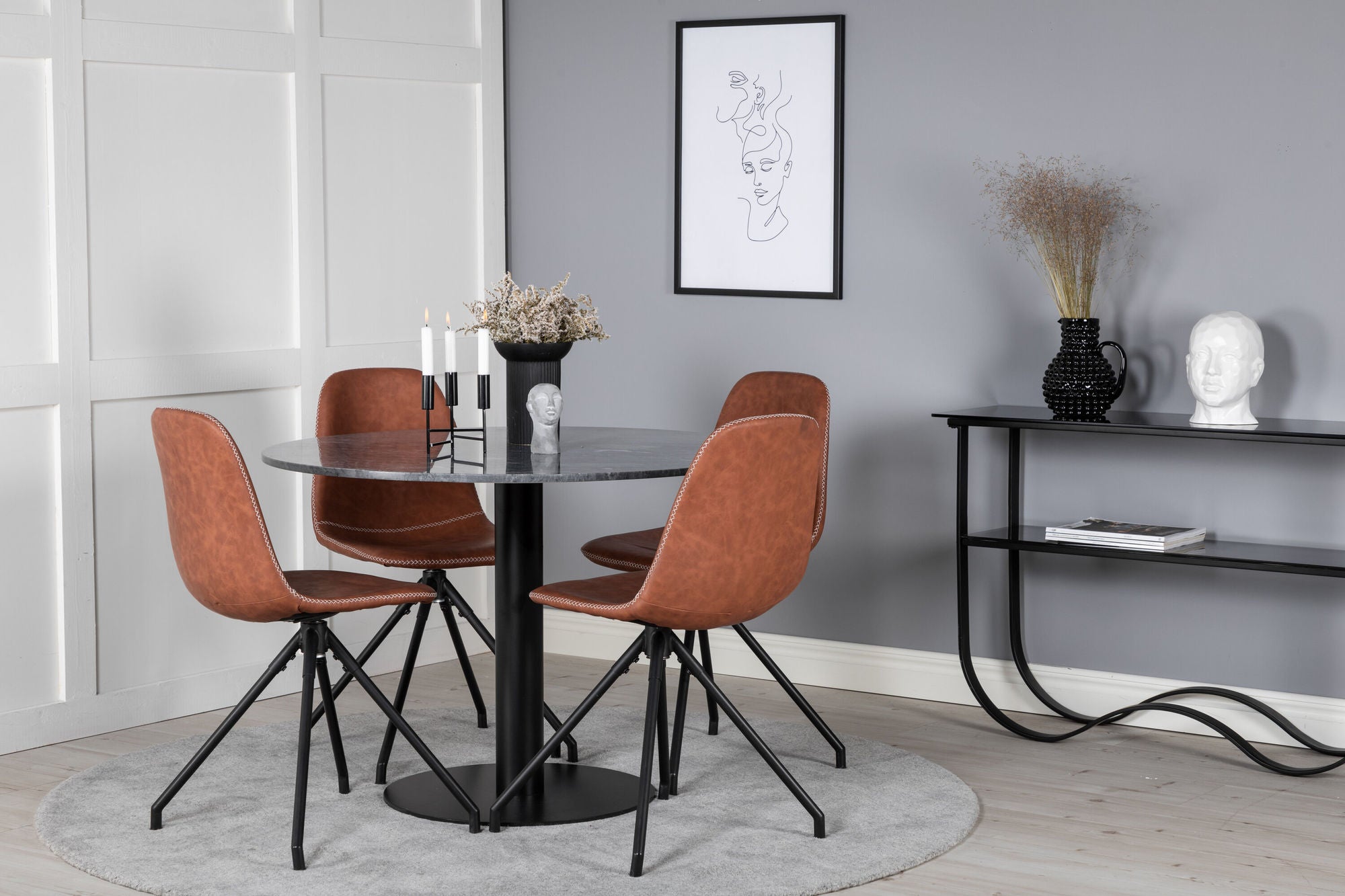Venture Home Estelle rund spisebord ø106 H75 - Black / Black+Polar Spisebordsstol with Spin function - black Legs - Brown PU - White Stitches_4