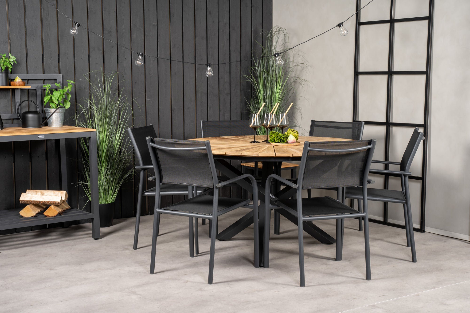 Venture Home Mexico spisebord ø140 - Black / Teak+Santorini Arm stol (Stackable) - Black