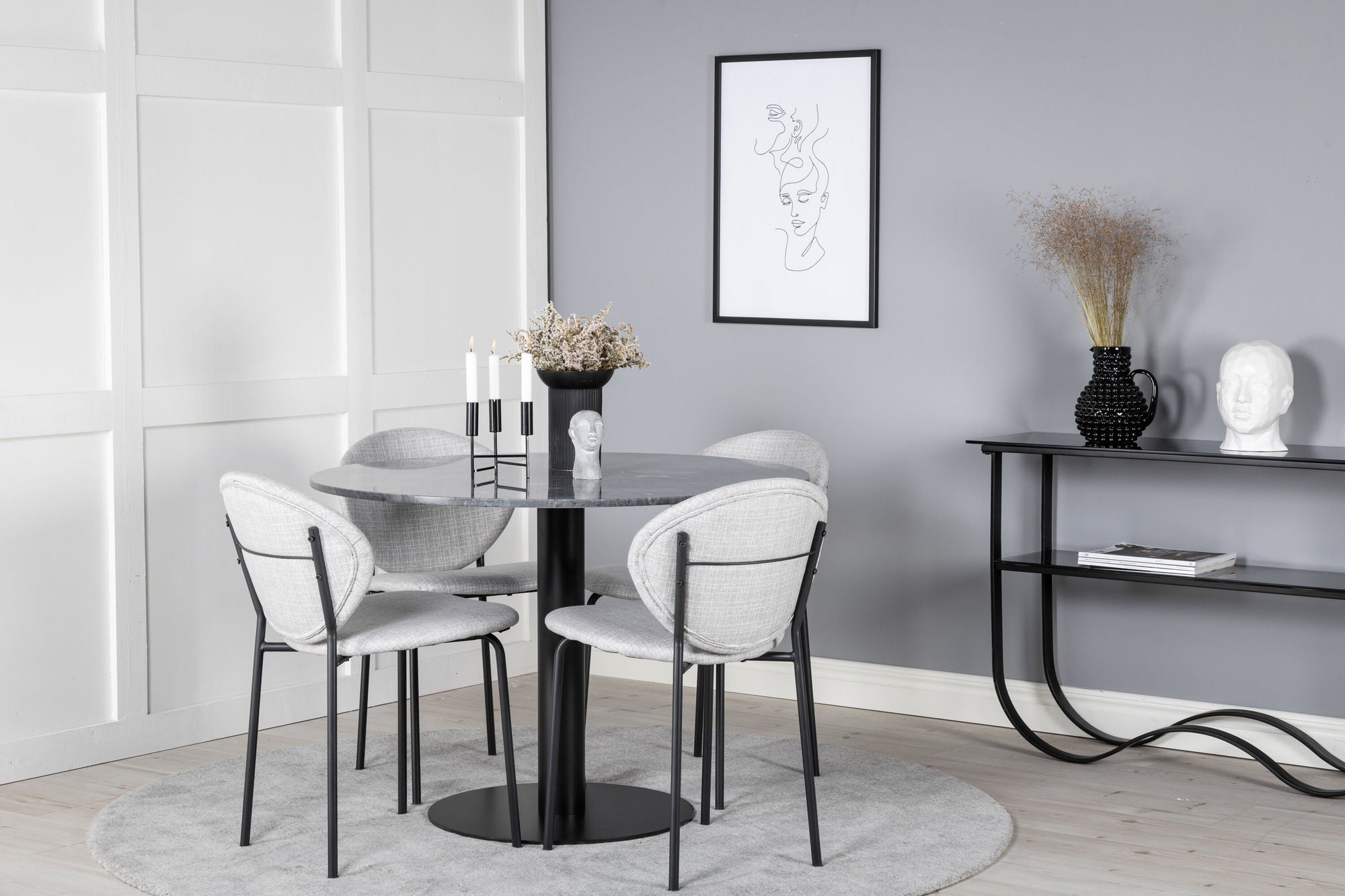 Venture Home Estelle rund spisebord ø106 H75 - Black / Black+Vault Spisebordsstol - Black Legs - Grey Fabric_4