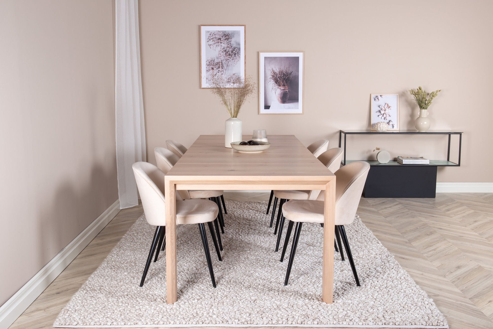 Venture Home Slider Extention bord - White Wash - 170+40+40cm +Velvet Spisebordsstol - Beige