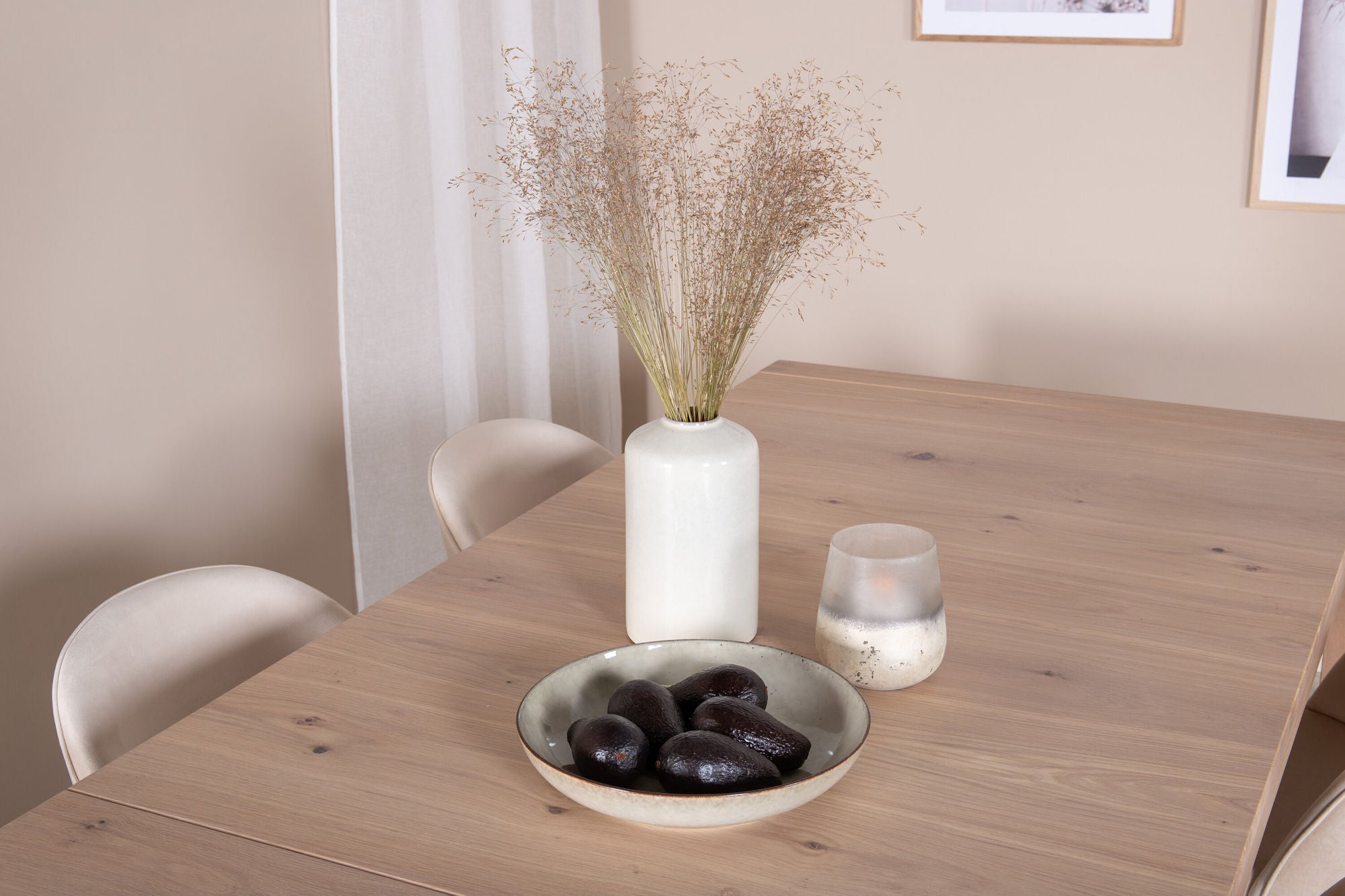 Venture Home Slider Extention bord - White Wash - 170+40+40cm +Velvet Spisebordsstol - Beige