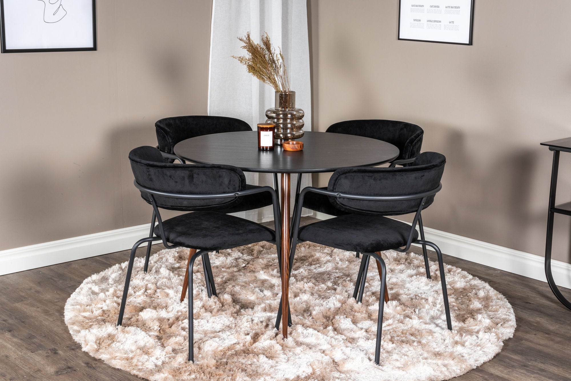 Venture Home Plaza rund bord 100 cm - Black Top - Walnut legs+Arrow armchair - Black Legs - Black Velvet_4