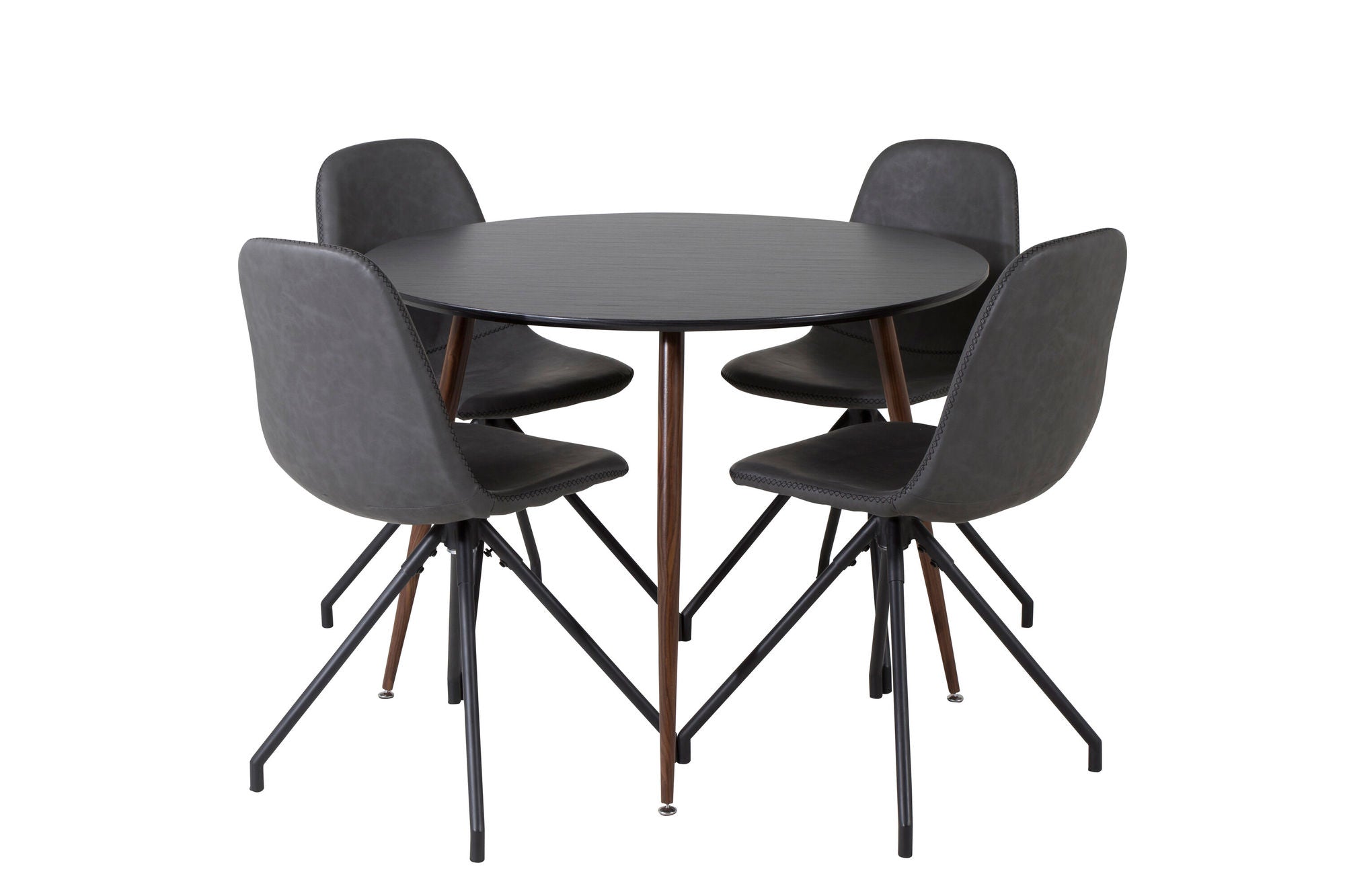 Venture Home Plaza rund bord 100 cm - Black Top - Walnut legs+Polar Spisebordsstol with Spin function - black Legs - Black PU - Black Stitches_4