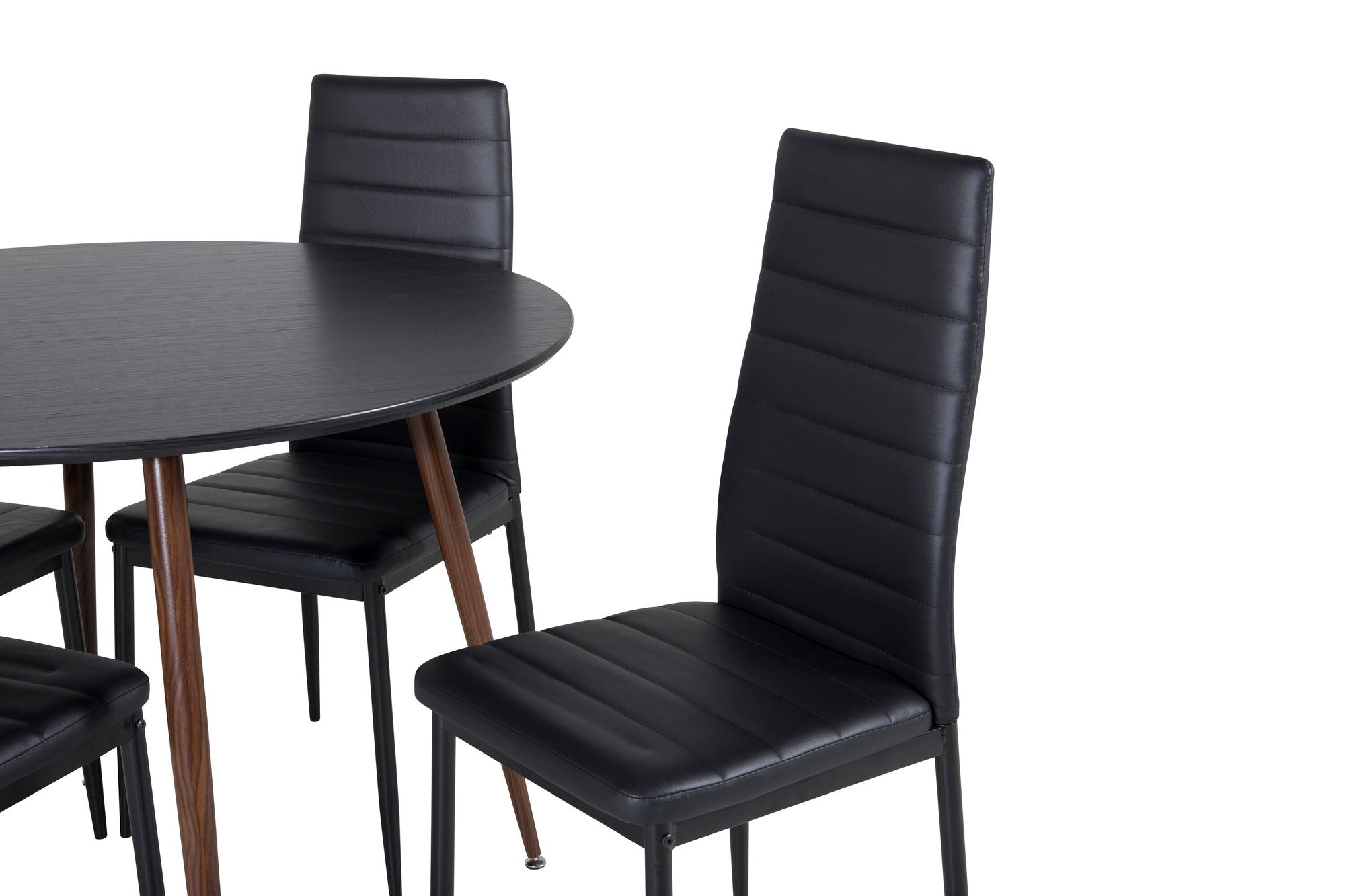 Venture Home Plaza rund bord 100 cm - Black Top - Walnut legs+Slim High Back Spisebordsstol - Black Legs - Black PU_4