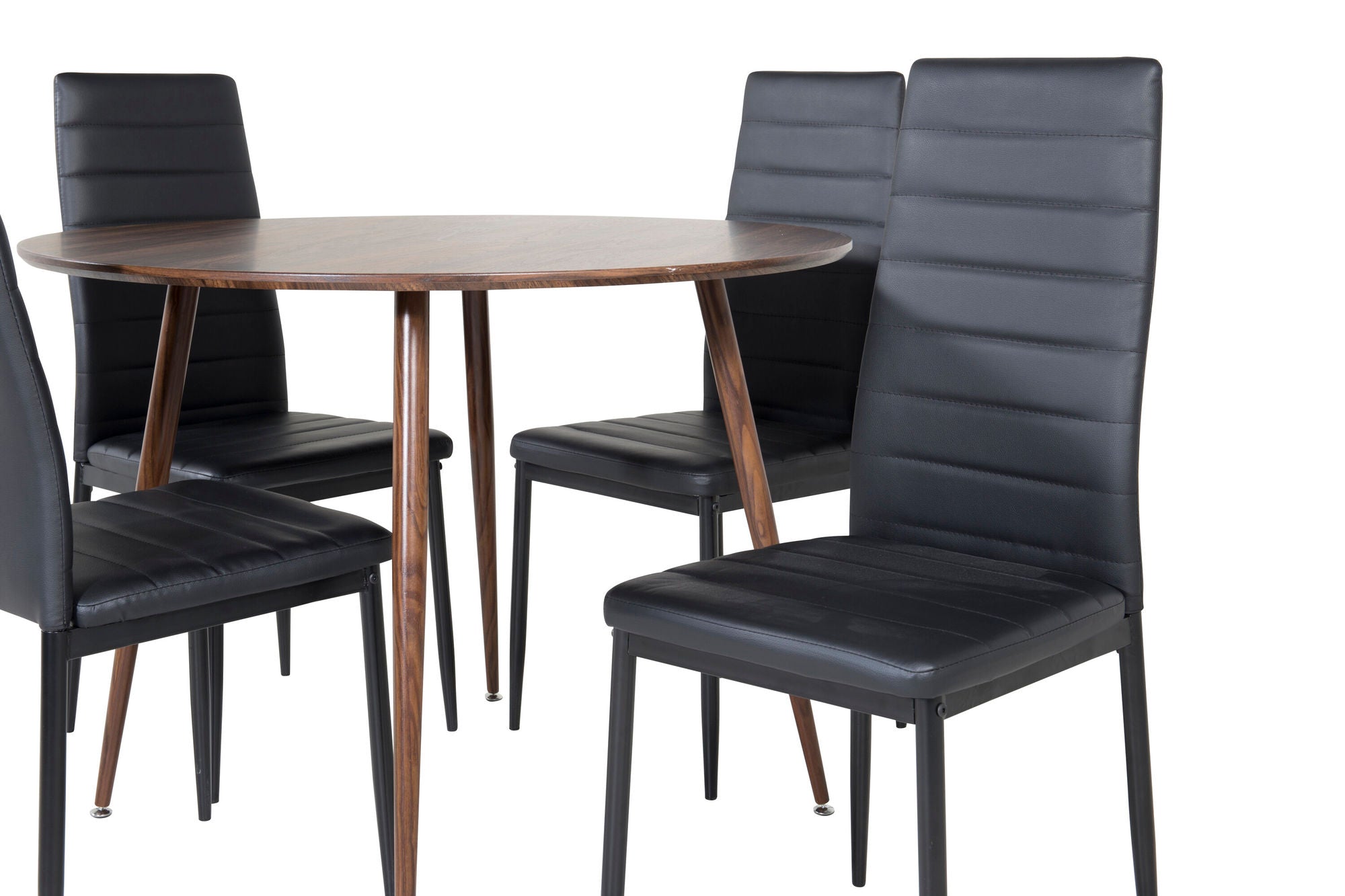Venture Home Plaza rund bord 100 cm - Walnut top - Walnut legs+Slim High Back Spisebordsstol - Black Legs - Black PU_4