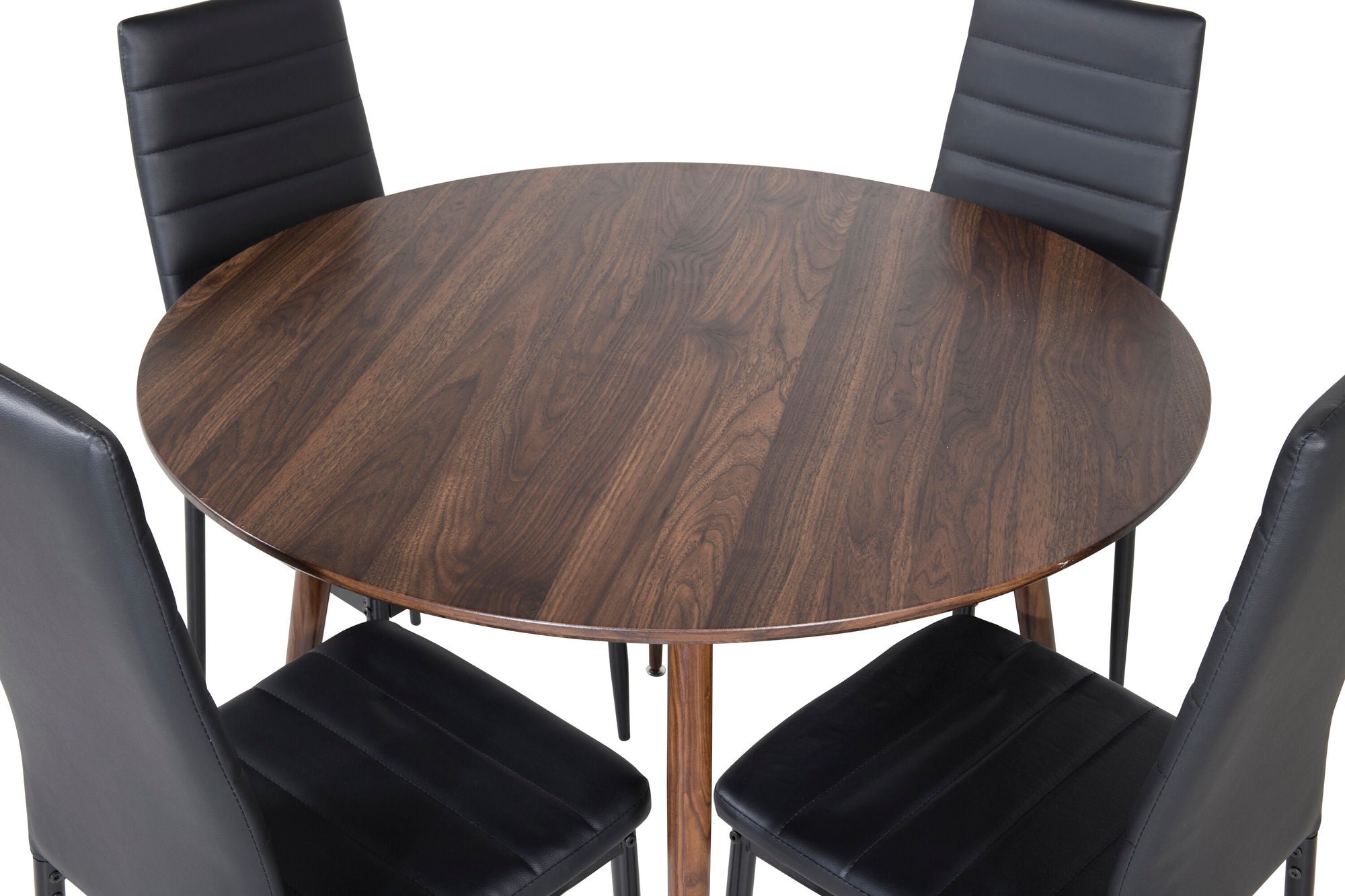Venture Home Plaza rund bord 100 cm - Walnut top - Walnut legs+Slim High Back Spisebordsstol - Black Legs - Black PU_4