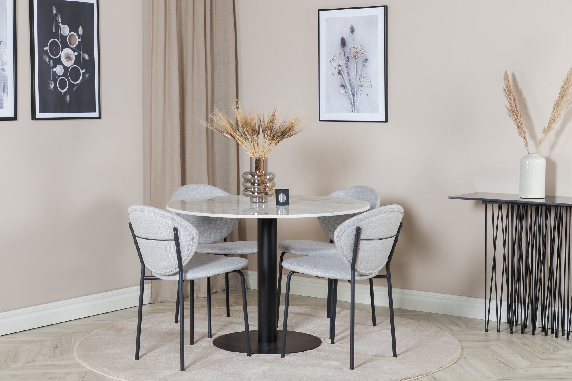 Venture Home Estelle rund spisebord ø106 H75 - White / Black+Vault Spisebordsstol - Black Legs - Grey Fabric_4