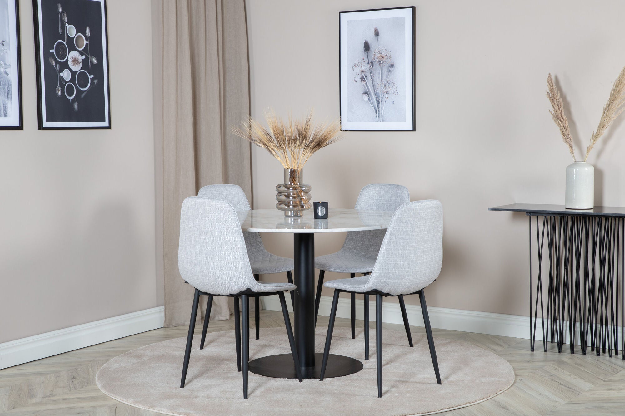 Venture Home Estelle rund spisebord ø106 H75 - White / Black+Polar Diamond Spisebordsstol - Black Legs - Grey Fabric_4