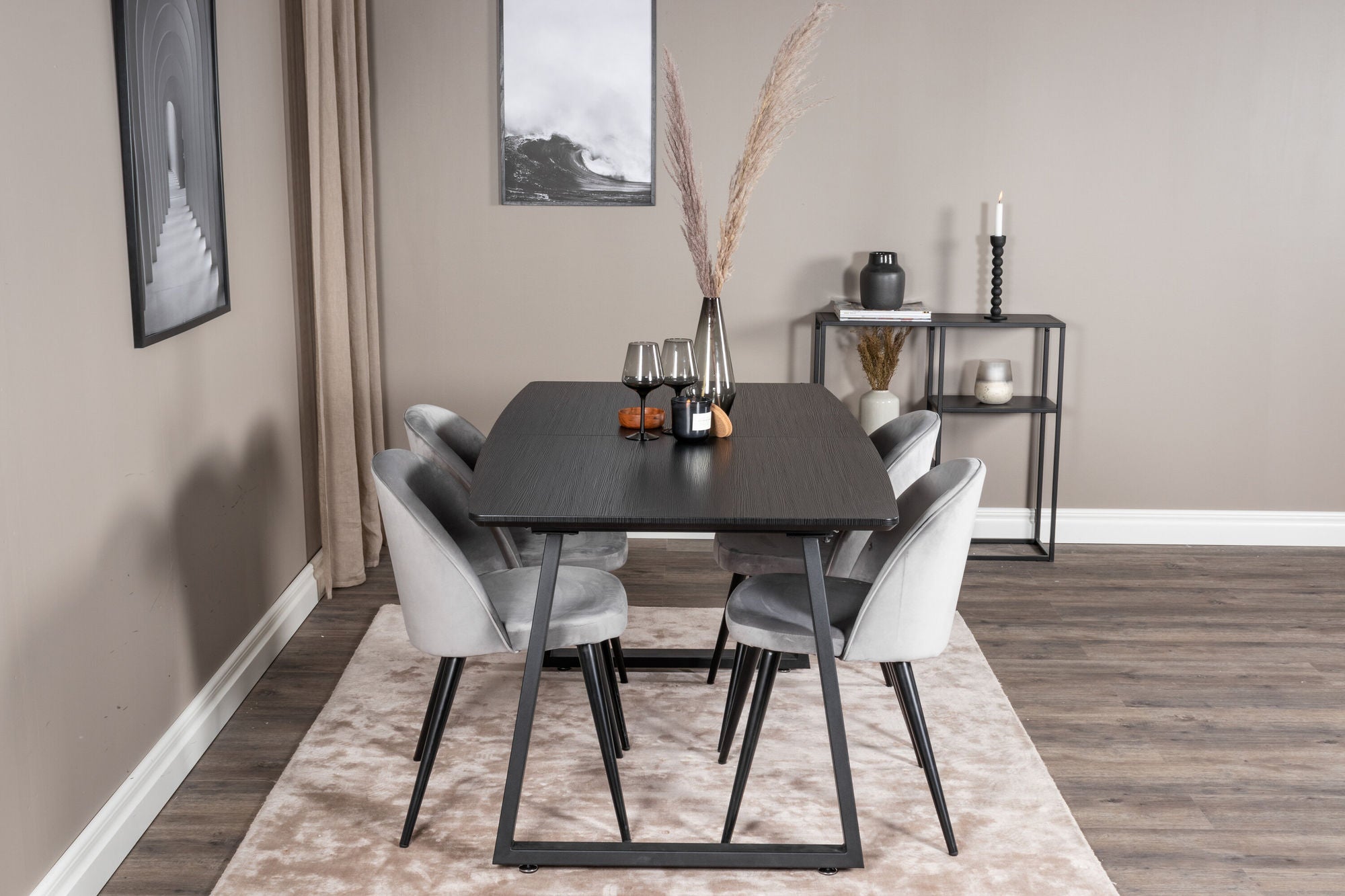 Venture Home Inca Extentionbord - Black top / black Legs+Velvet Spisebordsstol - Light Grey / Black_4