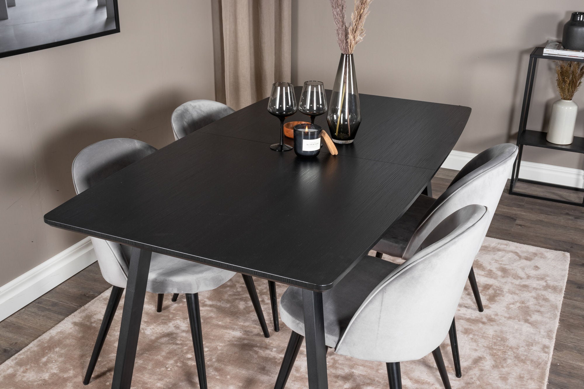 Venture Home Inca Extentionbord - Black top / black Legs+Velvet Spisebordsstol - Light Grey / Black_4