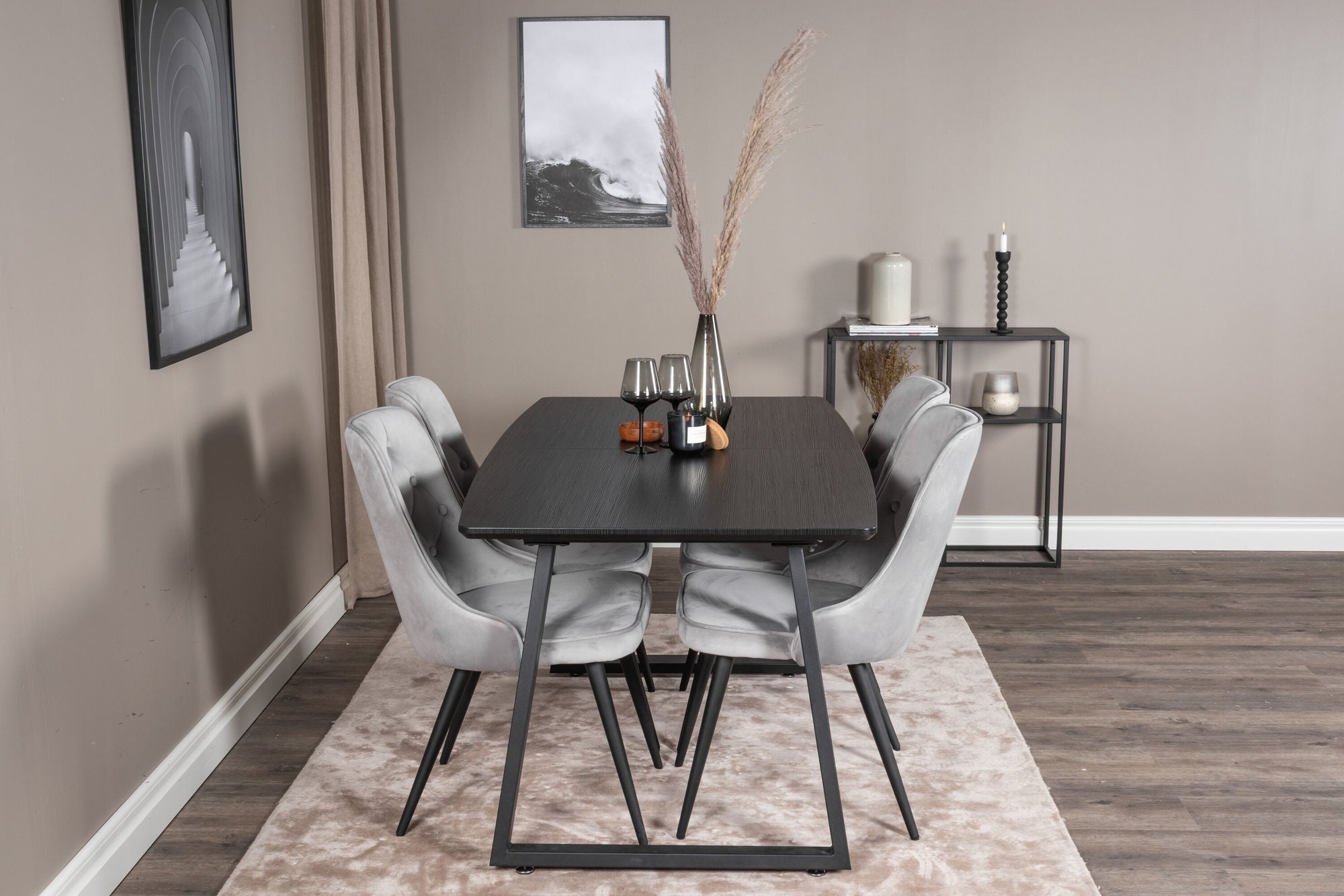 Venture Home Inca Extentionbord - Black top / black Legs+Velvet Deluxe Spisebordsstol - Light Grey / Black_4