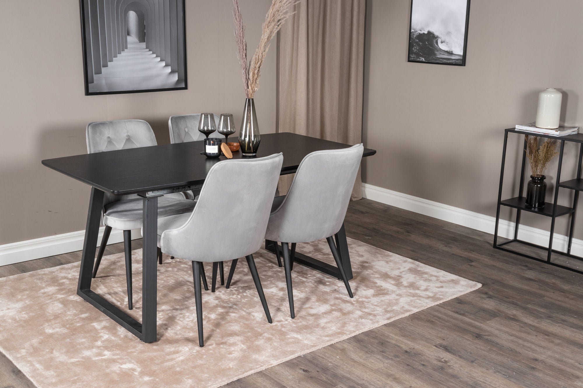 Venture Home Inca Extentionbord - Black top / black Legs+Velvet Deluxe Spisebordsstol - Light Grey / Black_4