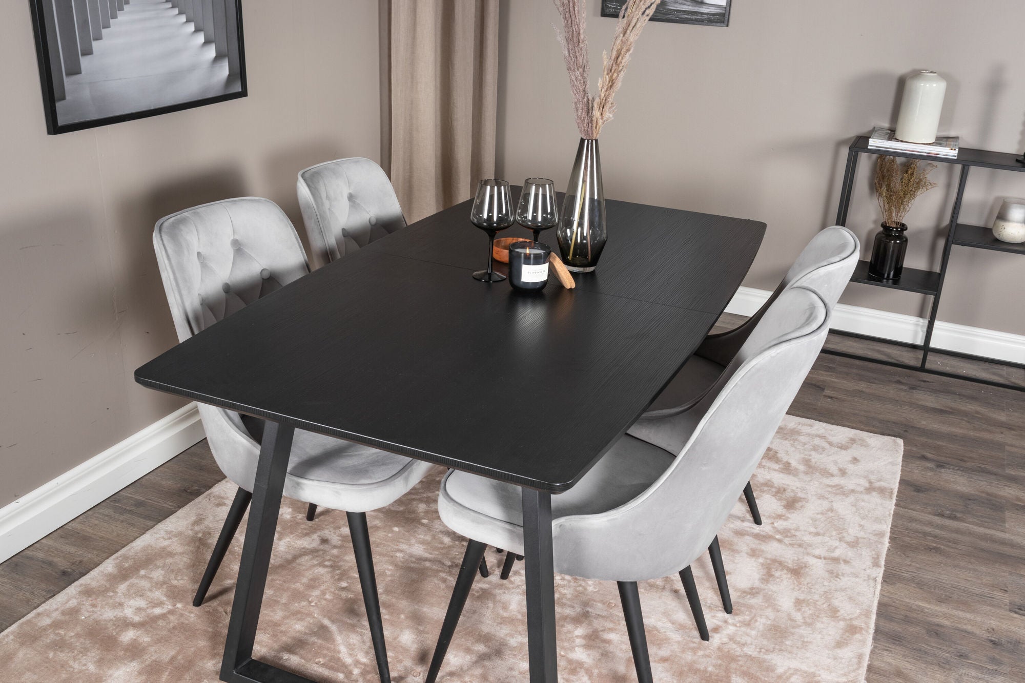 Venture Home Inca Extentionbord - Black top / black Legs+Velvet Deluxe Spisebordsstol - Light Grey / Black_4