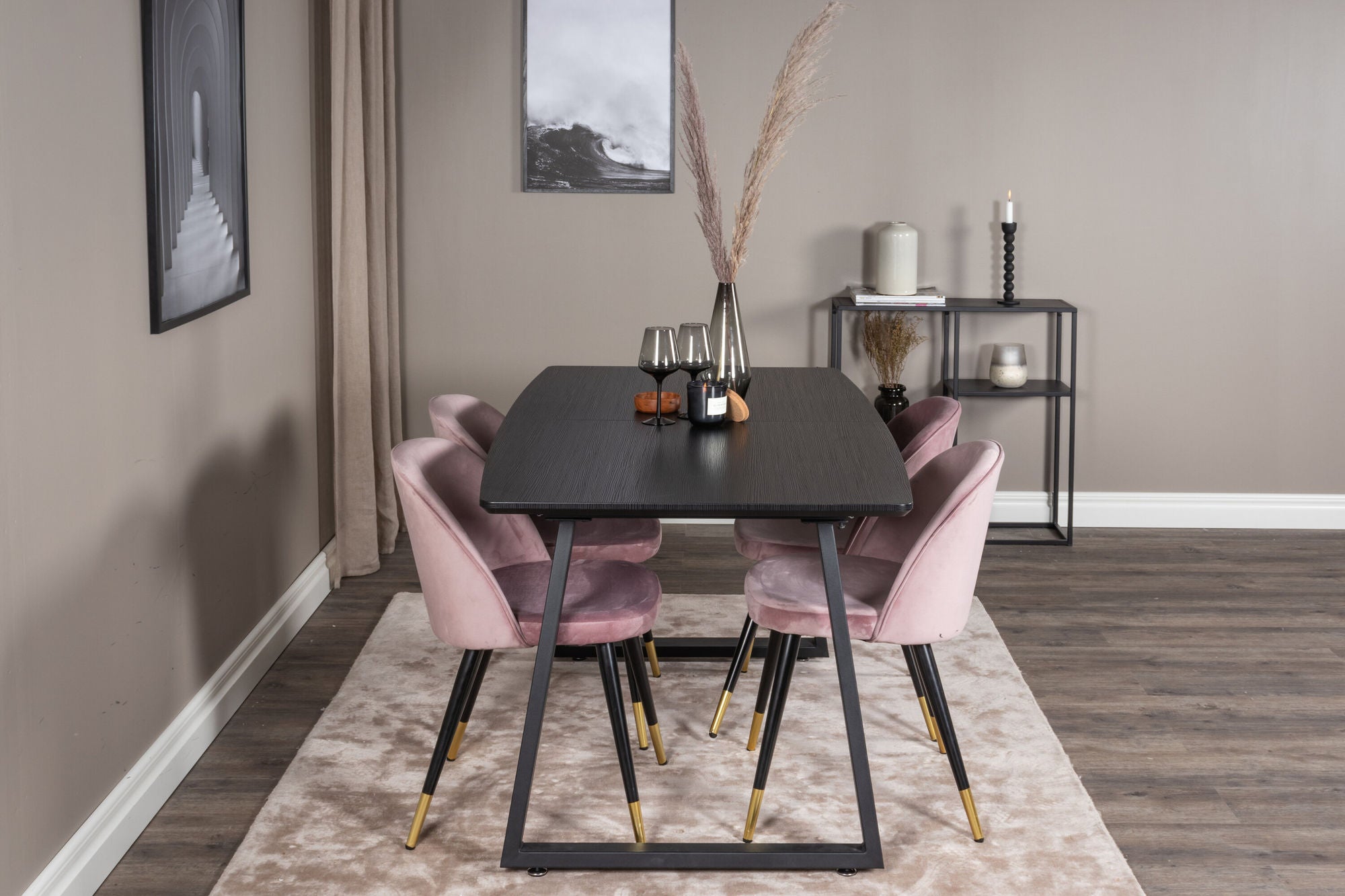 Venture Home Inca Extentionbord - Black top / black Legs+Velvet Spisebordsstol Brass - Pink / Black_4