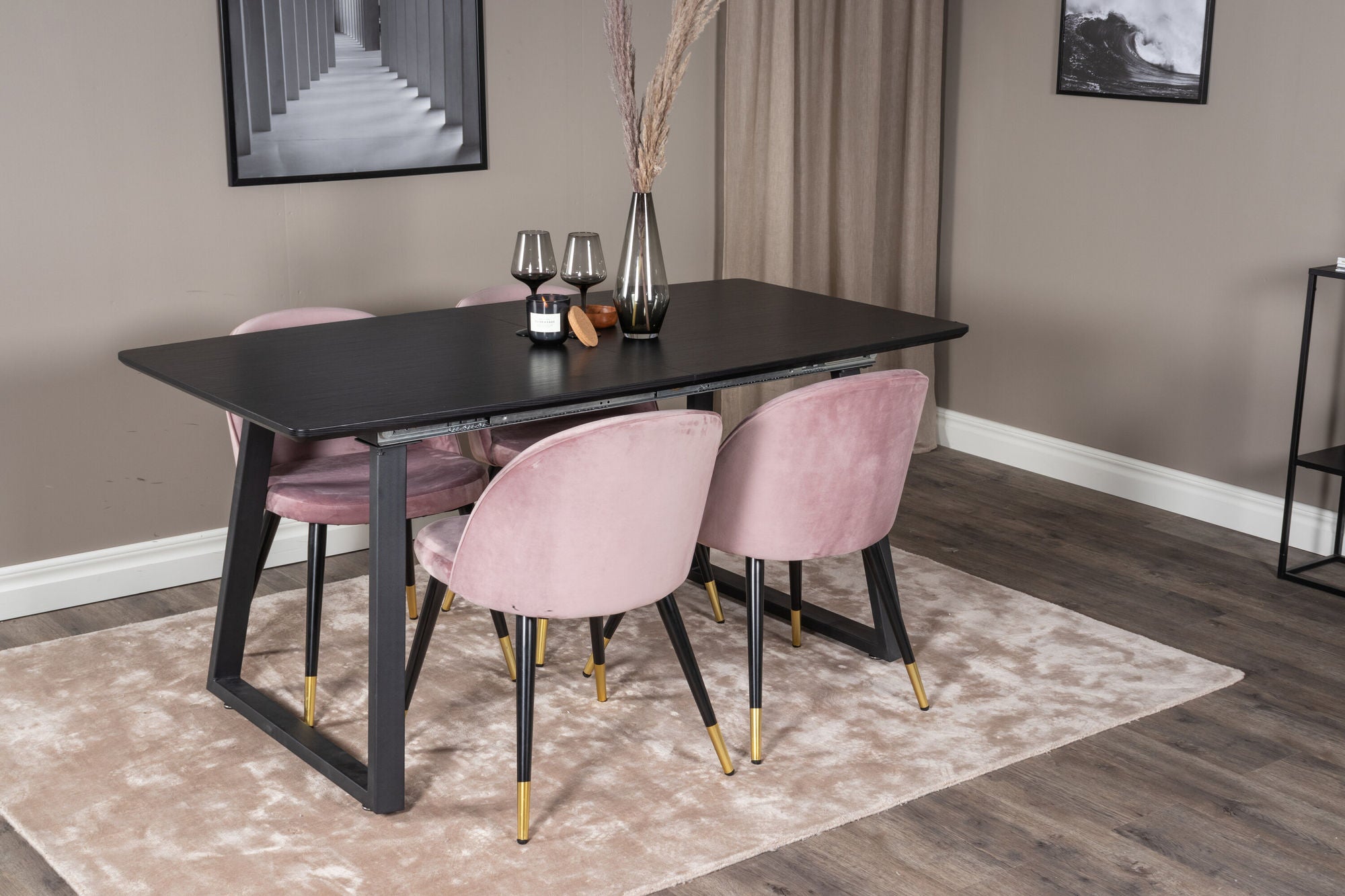 Venture Home Inca Extentionbord - Black top / black Legs+Velvet Spisebordsstol Brass - Pink / Black_4