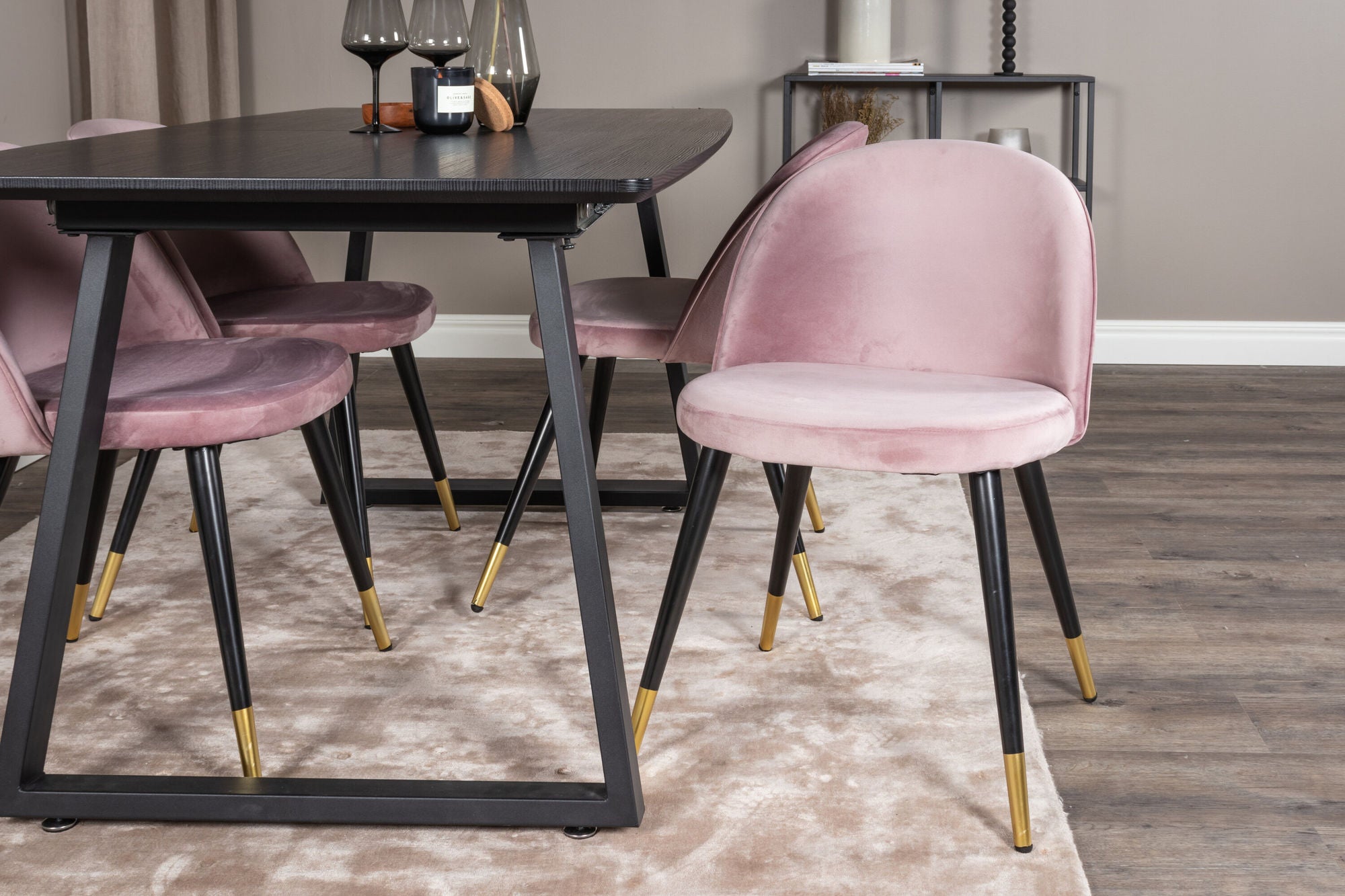 Venture Home Inca Extentionbord - Black top / black Legs+Velvet Spisebordsstol Brass - Pink / Black_4