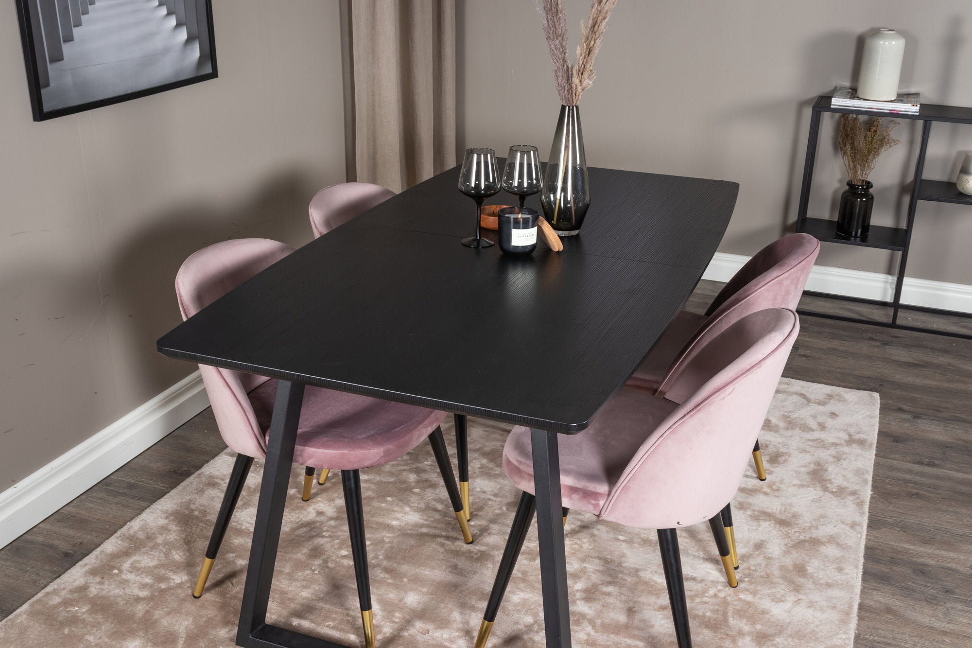 Venture Home Inca Extentionbord - Black top / black Legs+Velvet Spisebordsstol Brass - Pink / Black_4