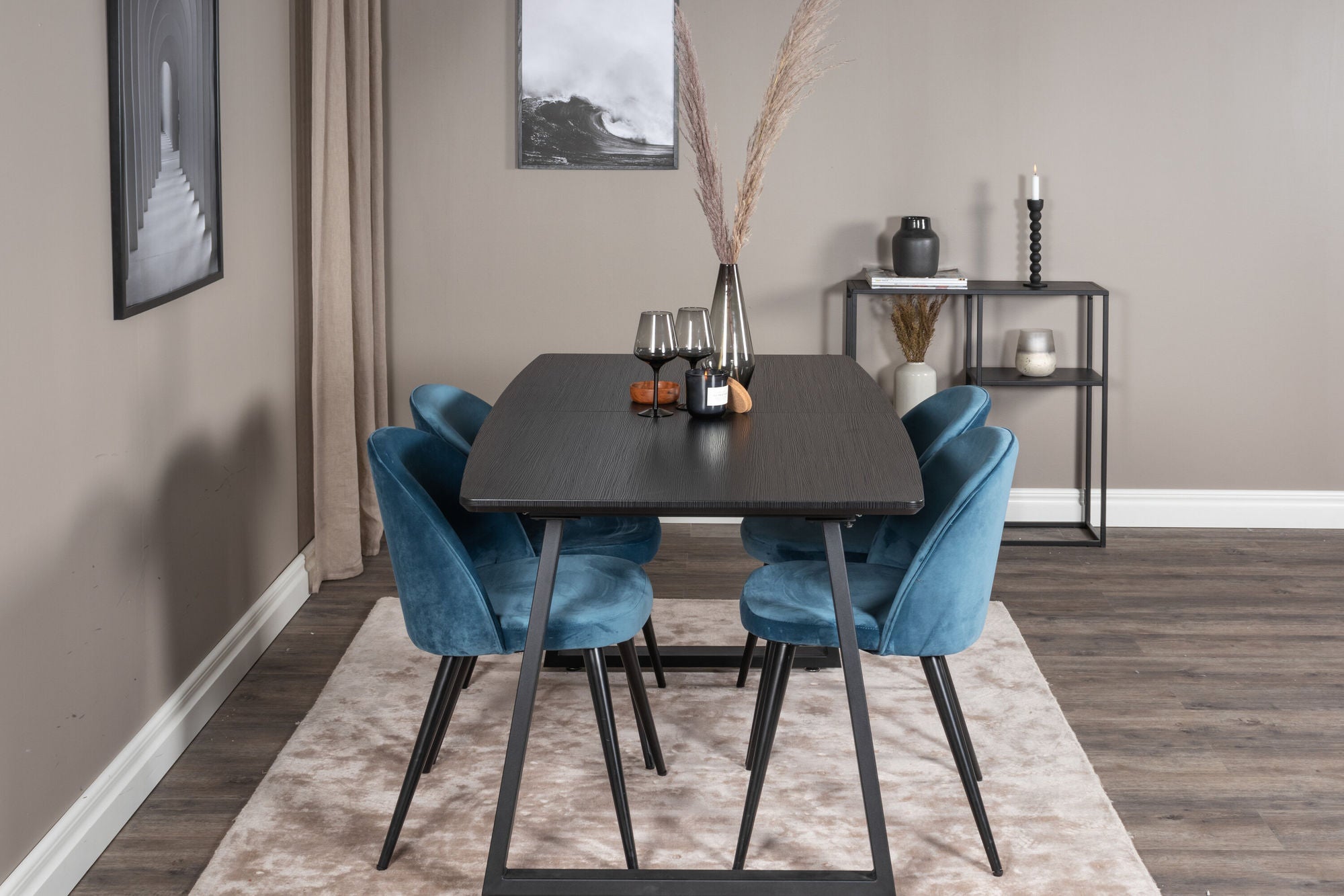 Venture Home Inca Extentionbord - Black top / black Legs+Velvet Spisebordsstol - Blue / Black_4