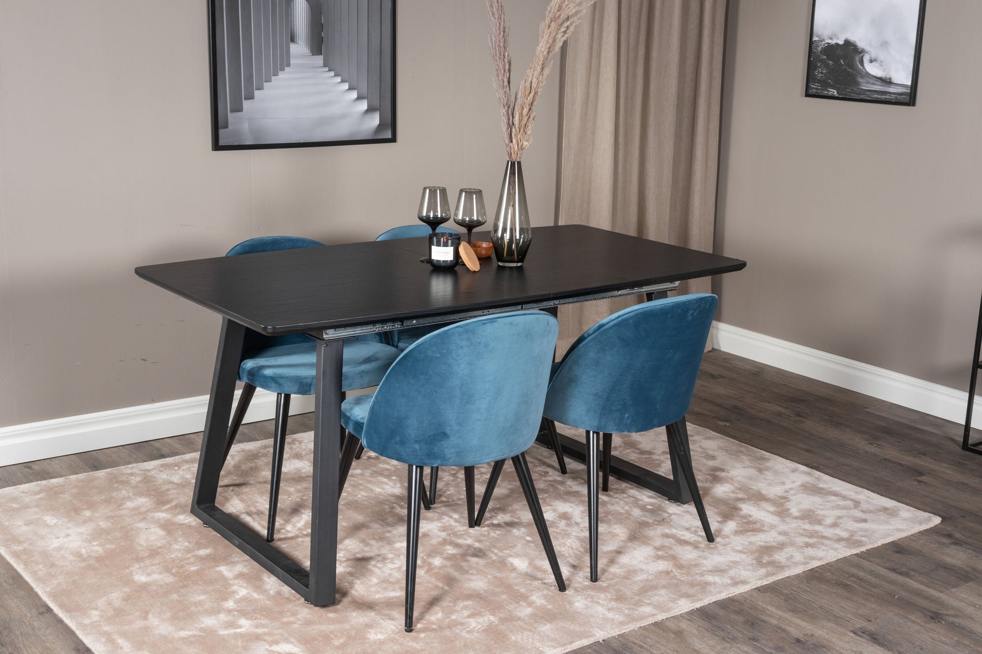 Venture Home Inca Extentionbord - Black top / black Legs+Velvet Spisebordsstol - Blue / Black_4
