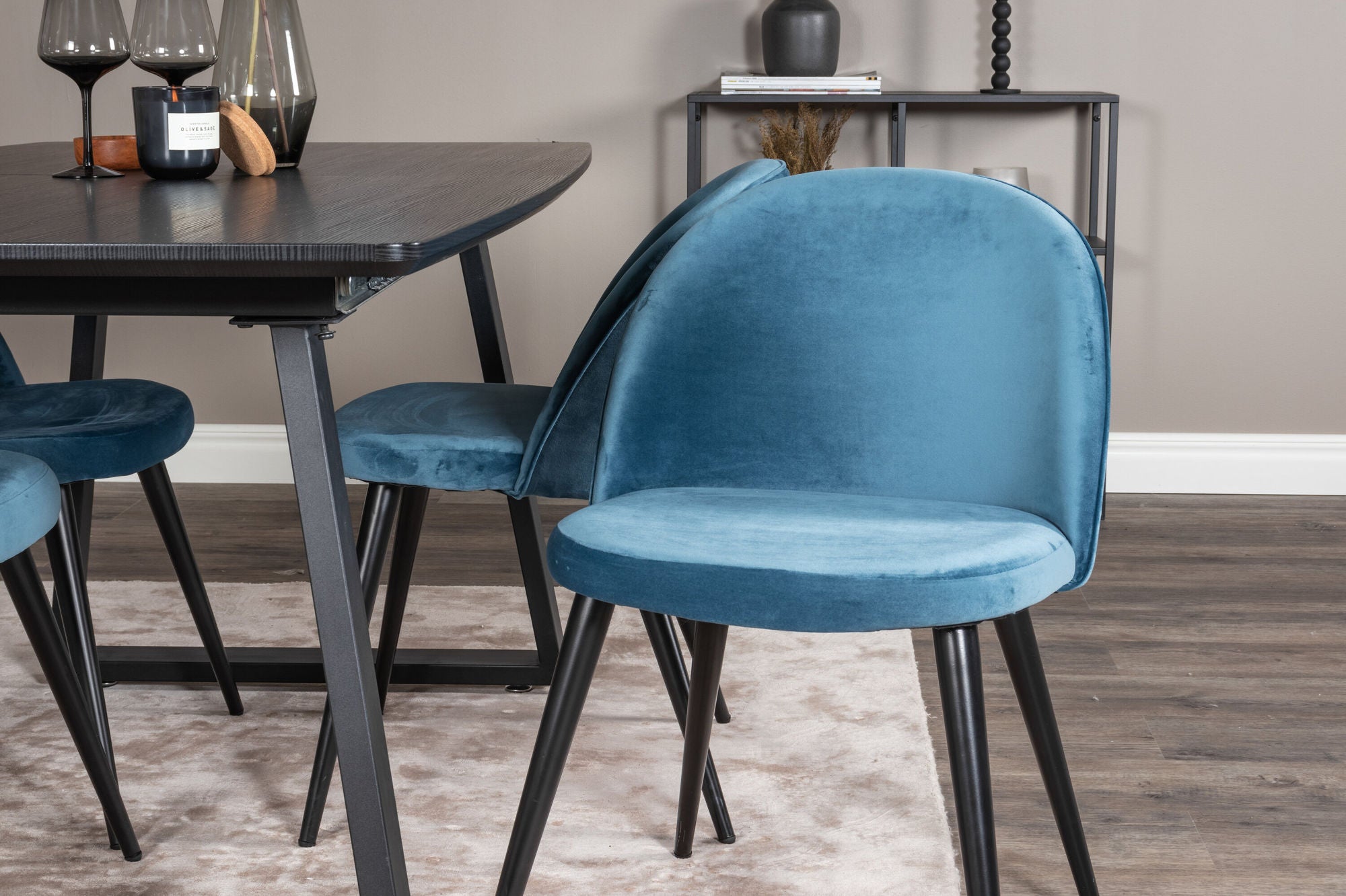 Venture Home Inca Extentionbord - Black top / black Legs+Velvet Spisebordsstol - Blue / Black_4