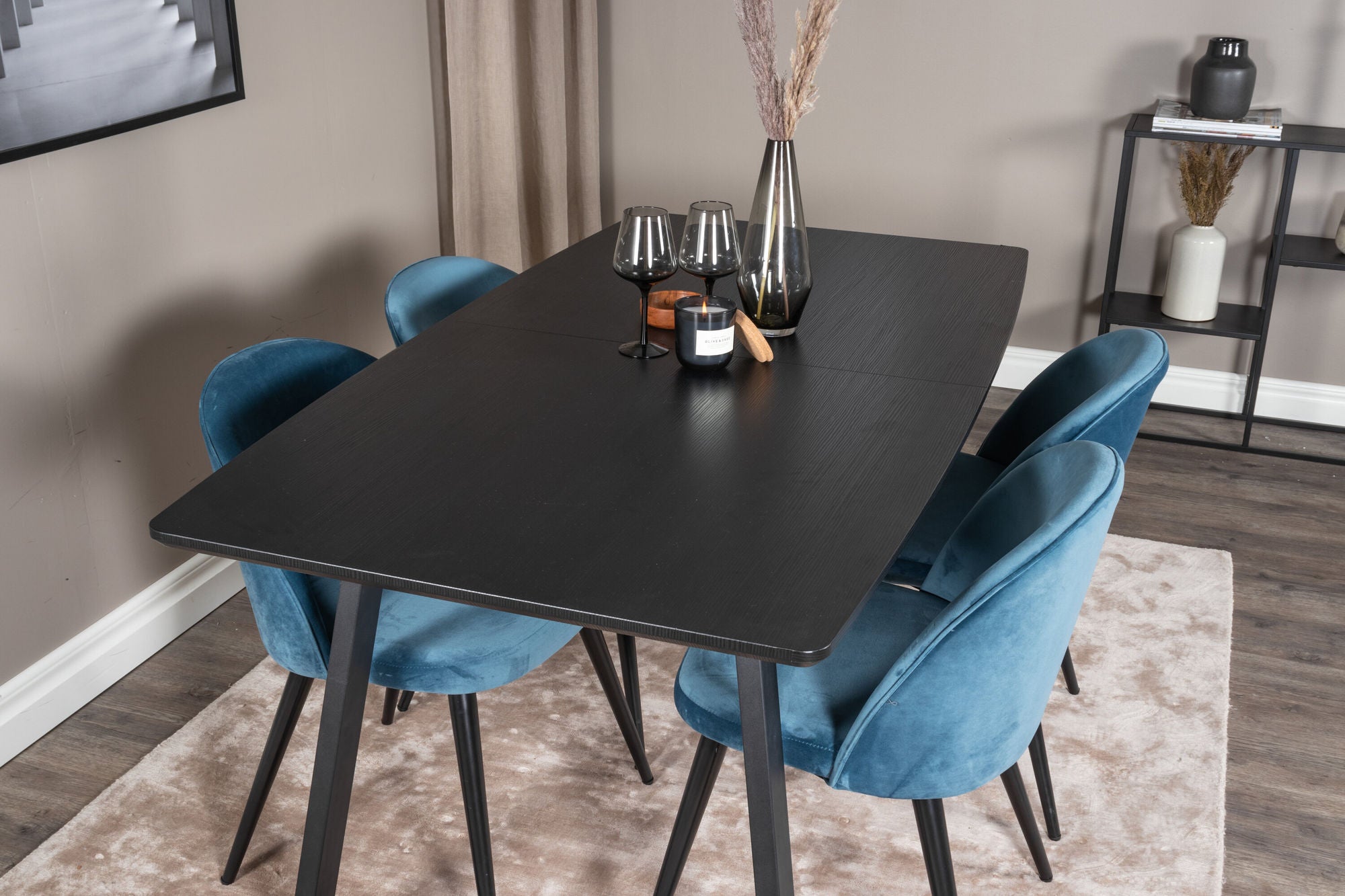 Venture Home Inca Extentionbord - Black top / black Legs+Velvet Spisebordsstol - Blue / Black_4
