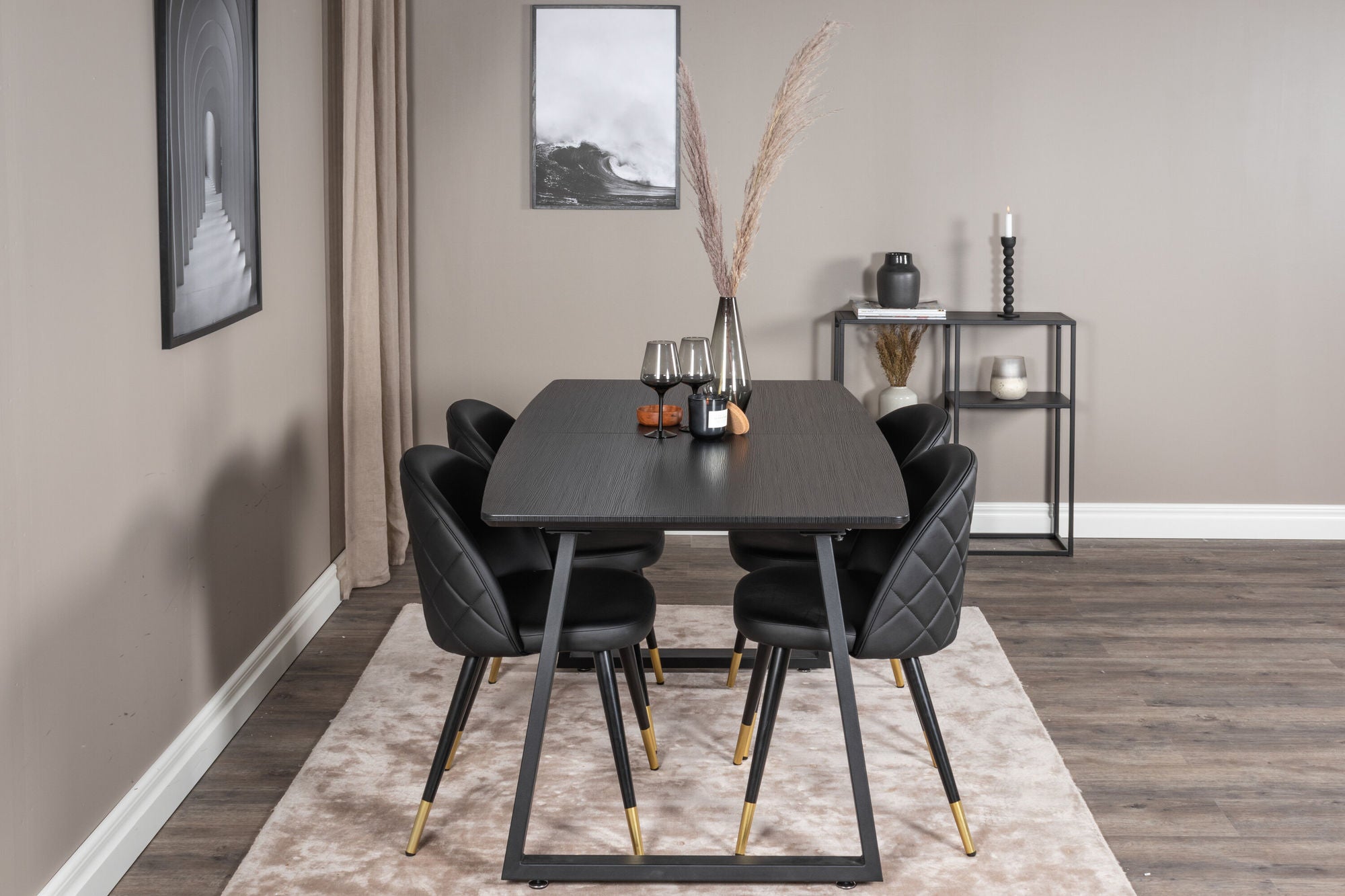 Venture Home Inca Extentionbord - Black top / black Legs+Velvet Spisebordsstol w. Stiches - PU - Black / Black_4