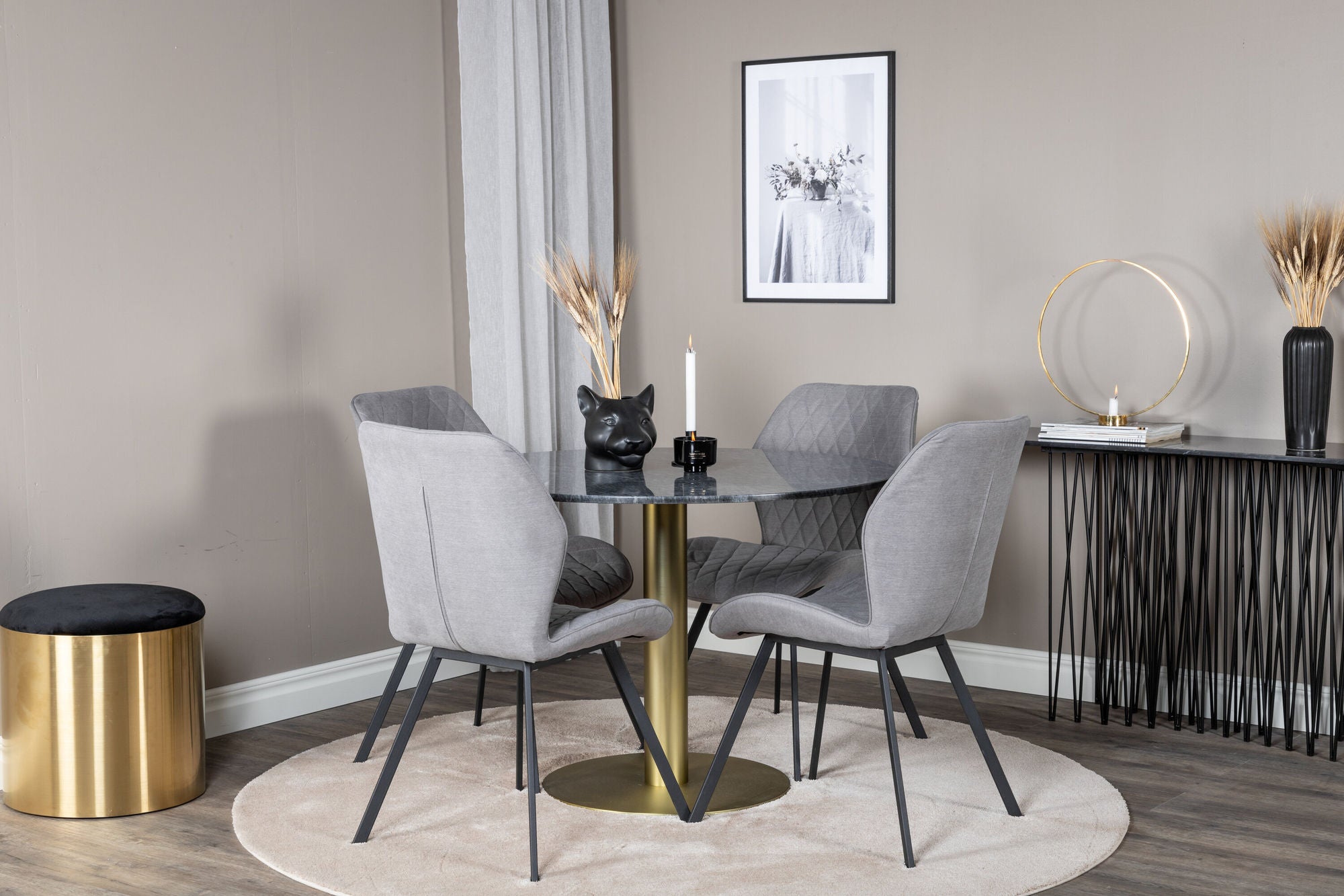 Venture Home Estelle rund spisebord ø106 H75 - Black / Brass+Gemma Spisebordsstol - Black Legs - Grey Fabric_4