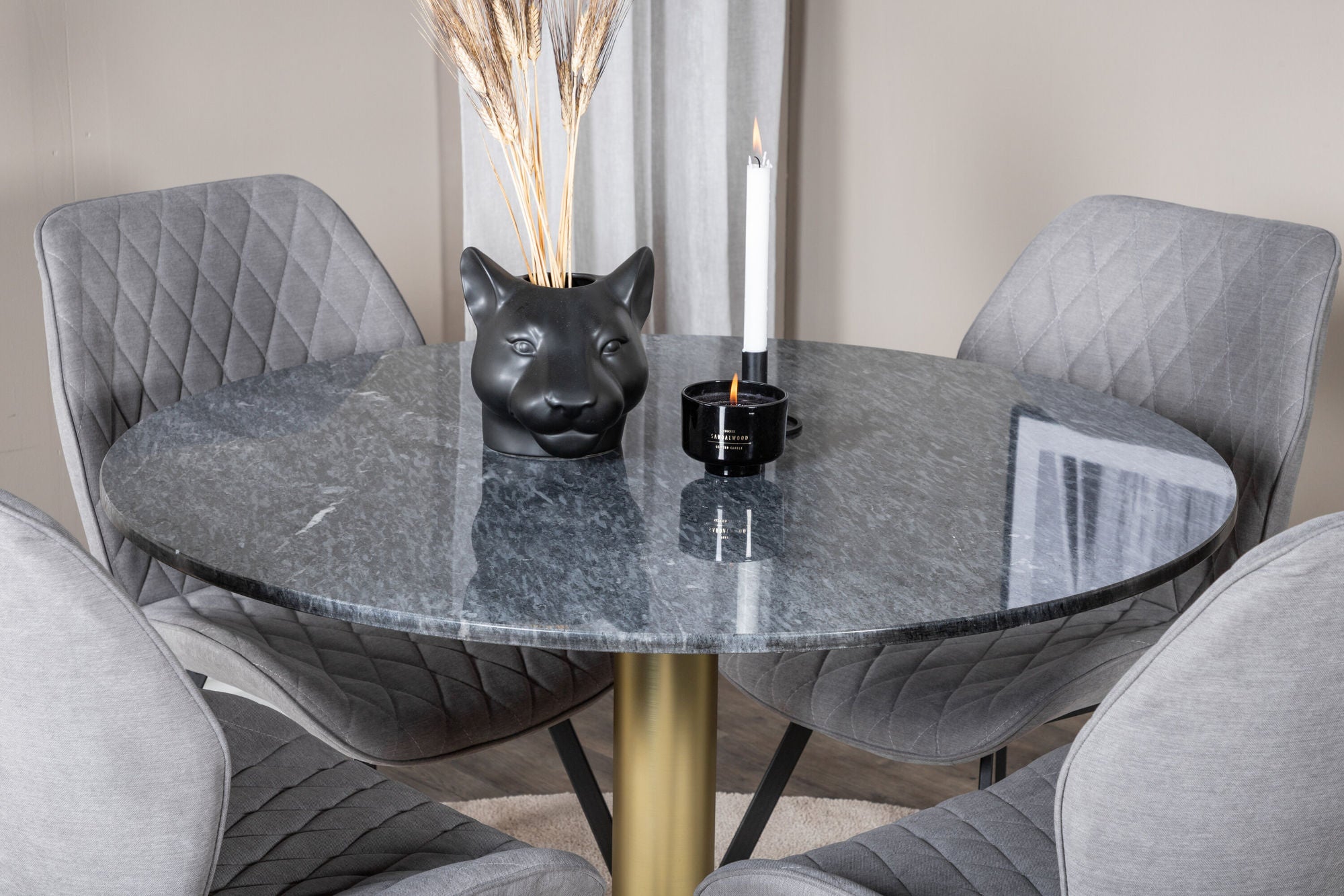 Venture Home Estelle rund spisebord ø106 H75 - Black / Brass+Gemma Spisebordsstol - Black Legs - Grey Fabric_4
