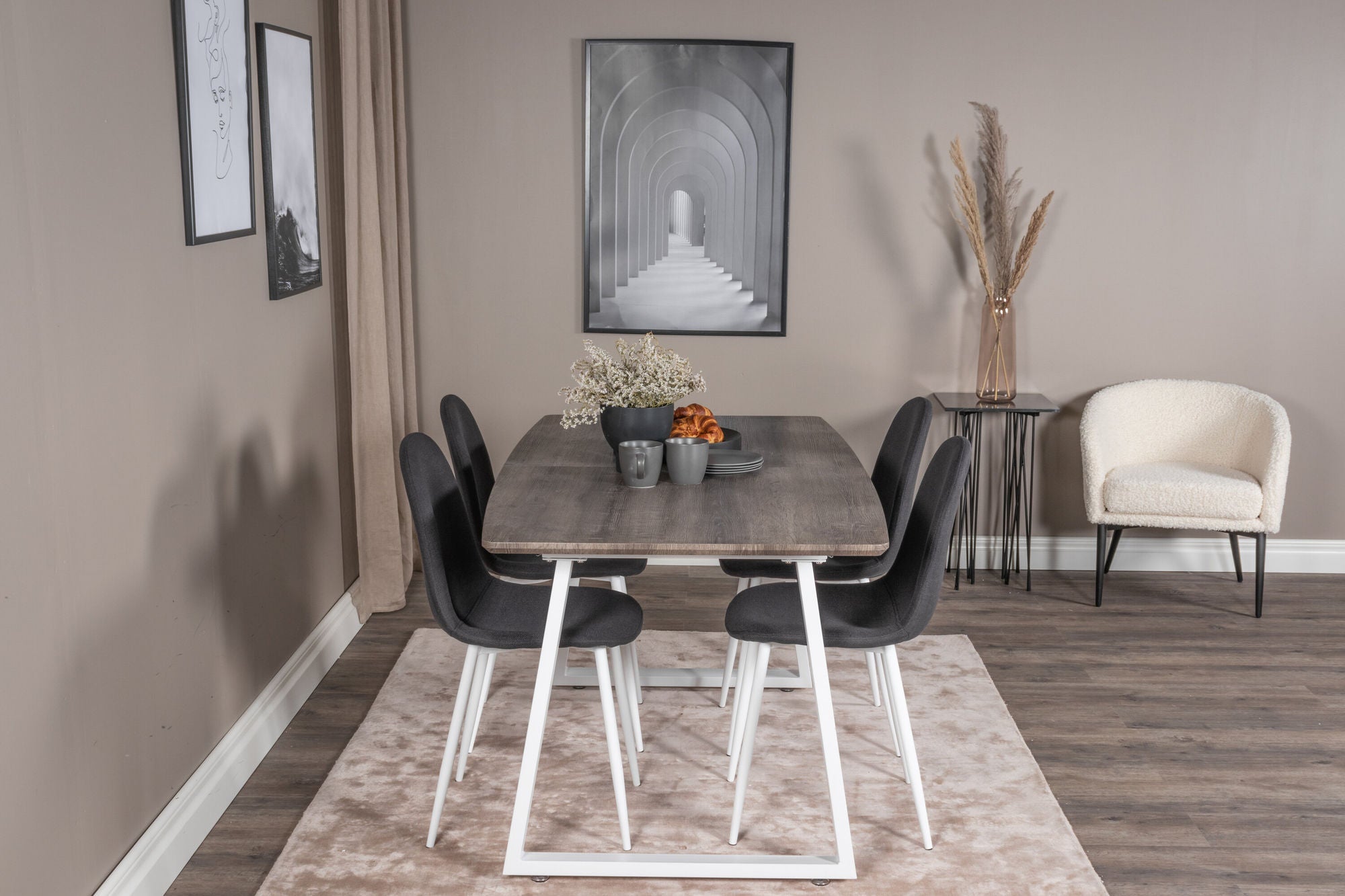 Venture Home Inca Extentionbord - grey "oak" / white Legs+Polar Spisebordsstol - White Legs - Black Fabric_4