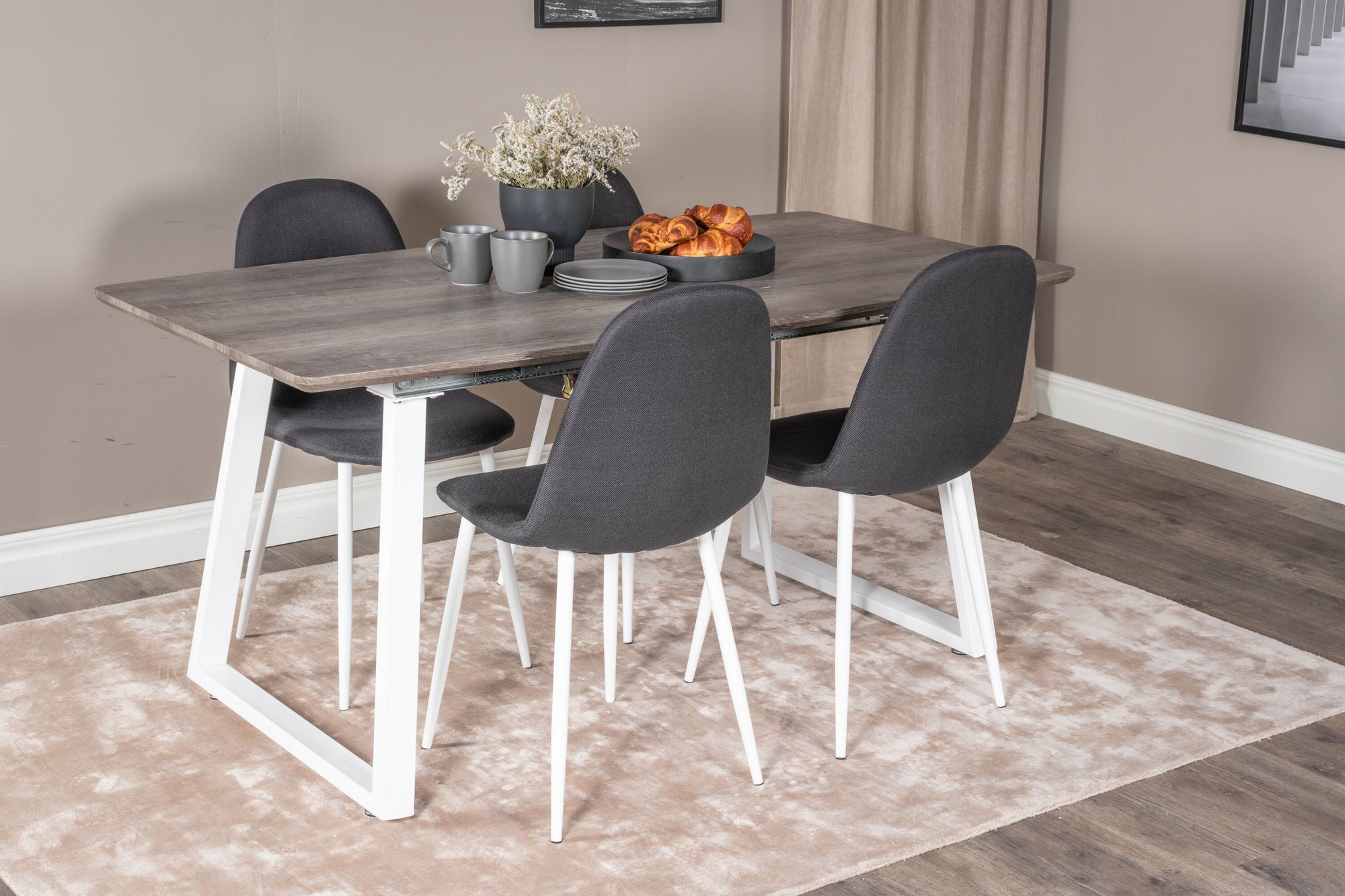 Venture Home Inca Extentionbord - grey "oak" / white Legs+Polar Spisebordsstol - White Legs - Black Fabric_4
