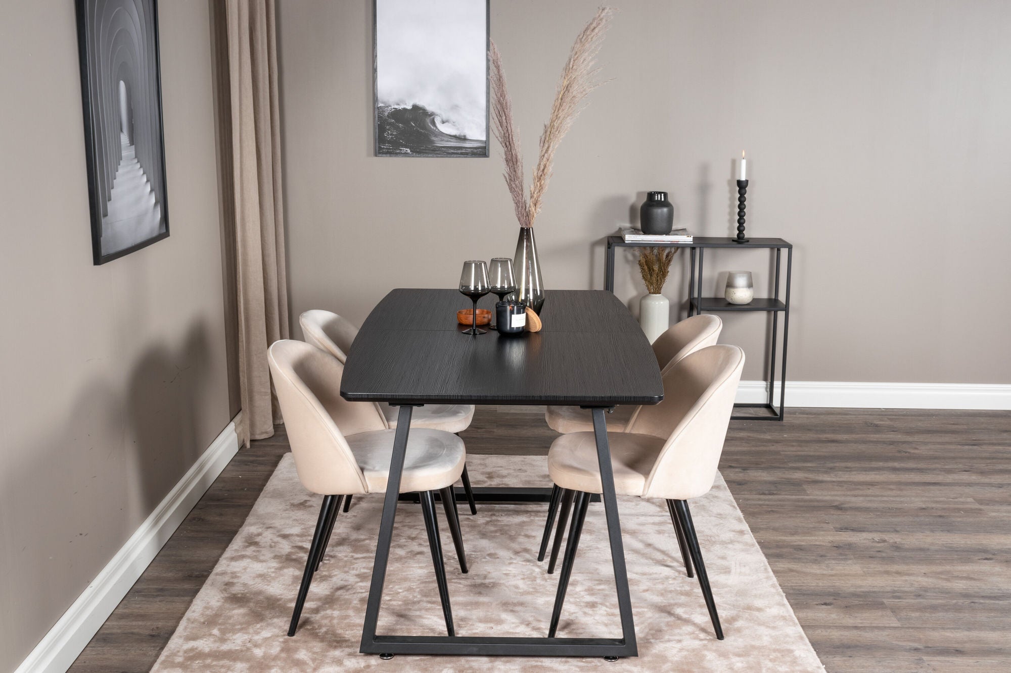 Venture Home Inca Extentionbord - Black top / black Legs+Velvet Spisebordsstol - Beige / Black_4