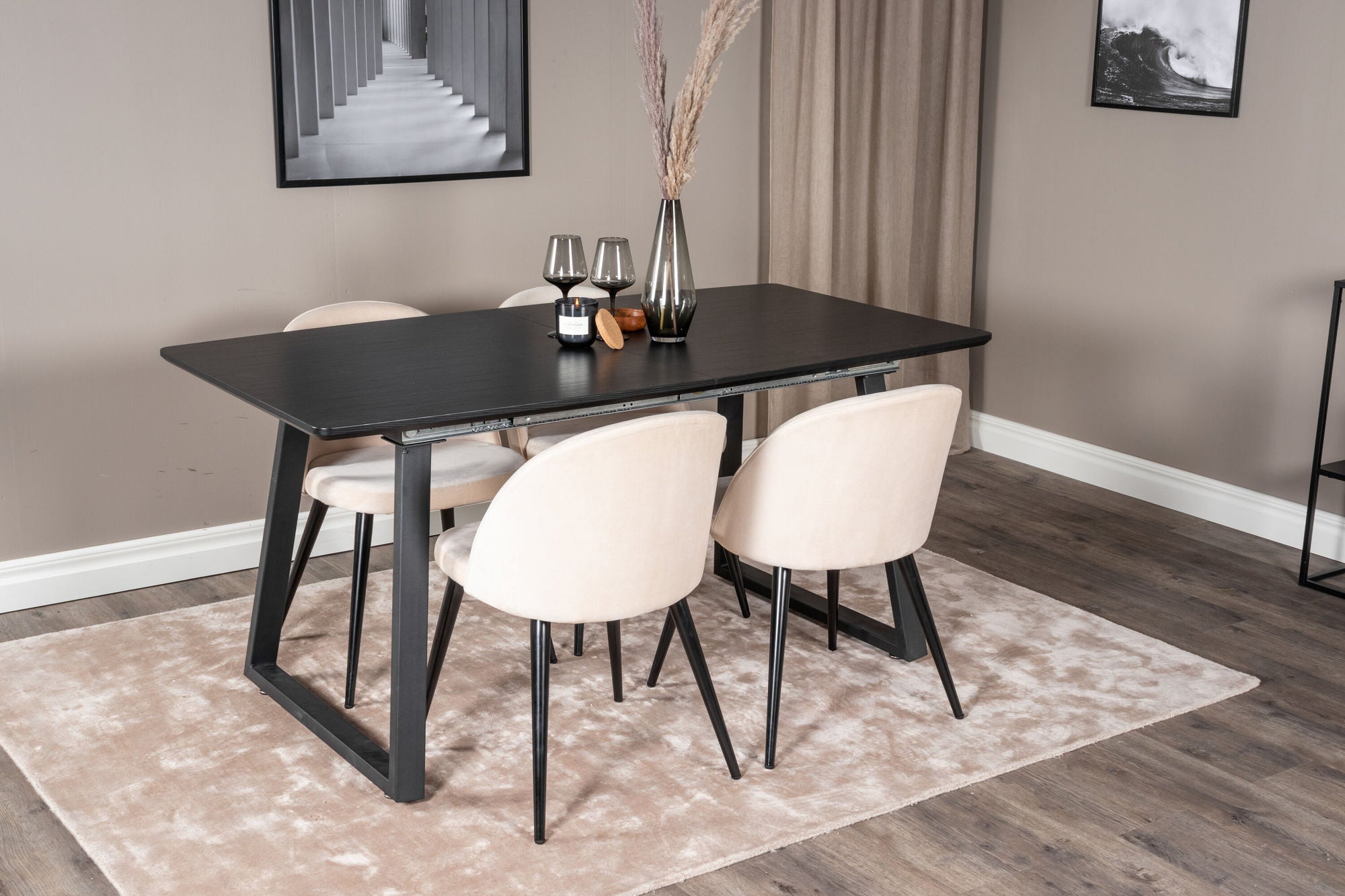 Venture Home Inca Extentionbord - Black top / black Legs+Velvet Spisebordsstol - Beige / Black_4