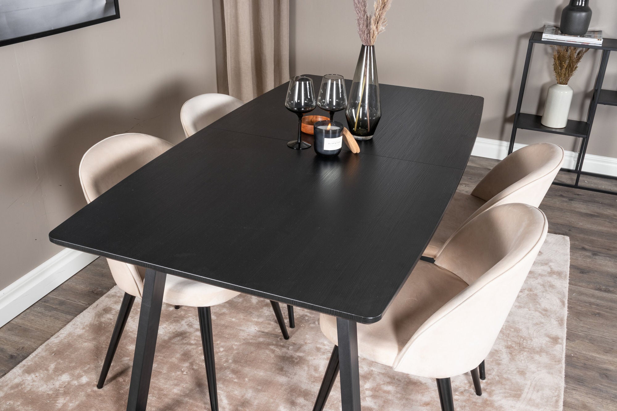 Venture Home Inca Extentionbord - Black top / black Legs+Velvet Spisebordsstol - Beige / Black_4