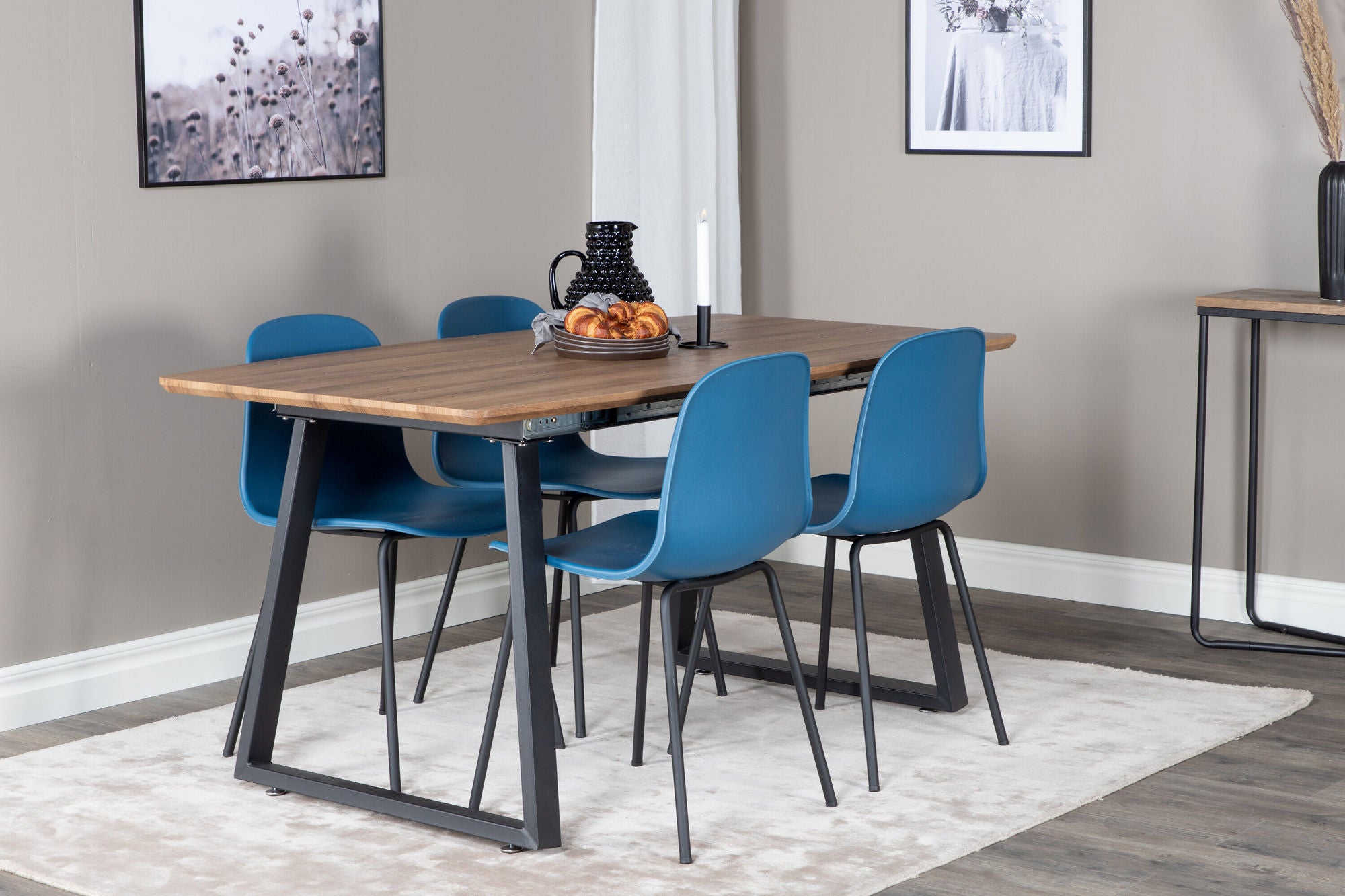 Venture Home Inca spisebord - 160/200*85*H75 - Oak / Black+Arctic Spisebordsstol - Black Legs - Blue Plastic_4