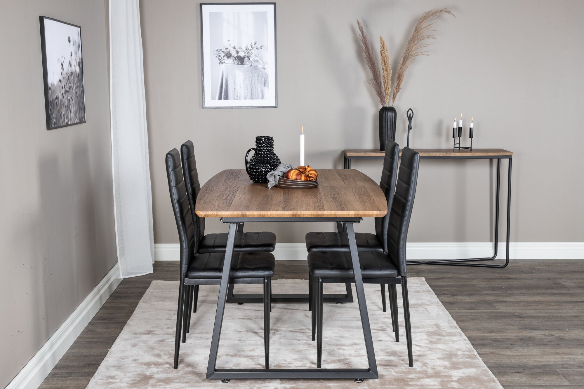 Venture Home Inca spisebord - 160/200*85*H75 - Oak / Black+Slim High Back Spisebordsstol - Black Legs - Black PU_4