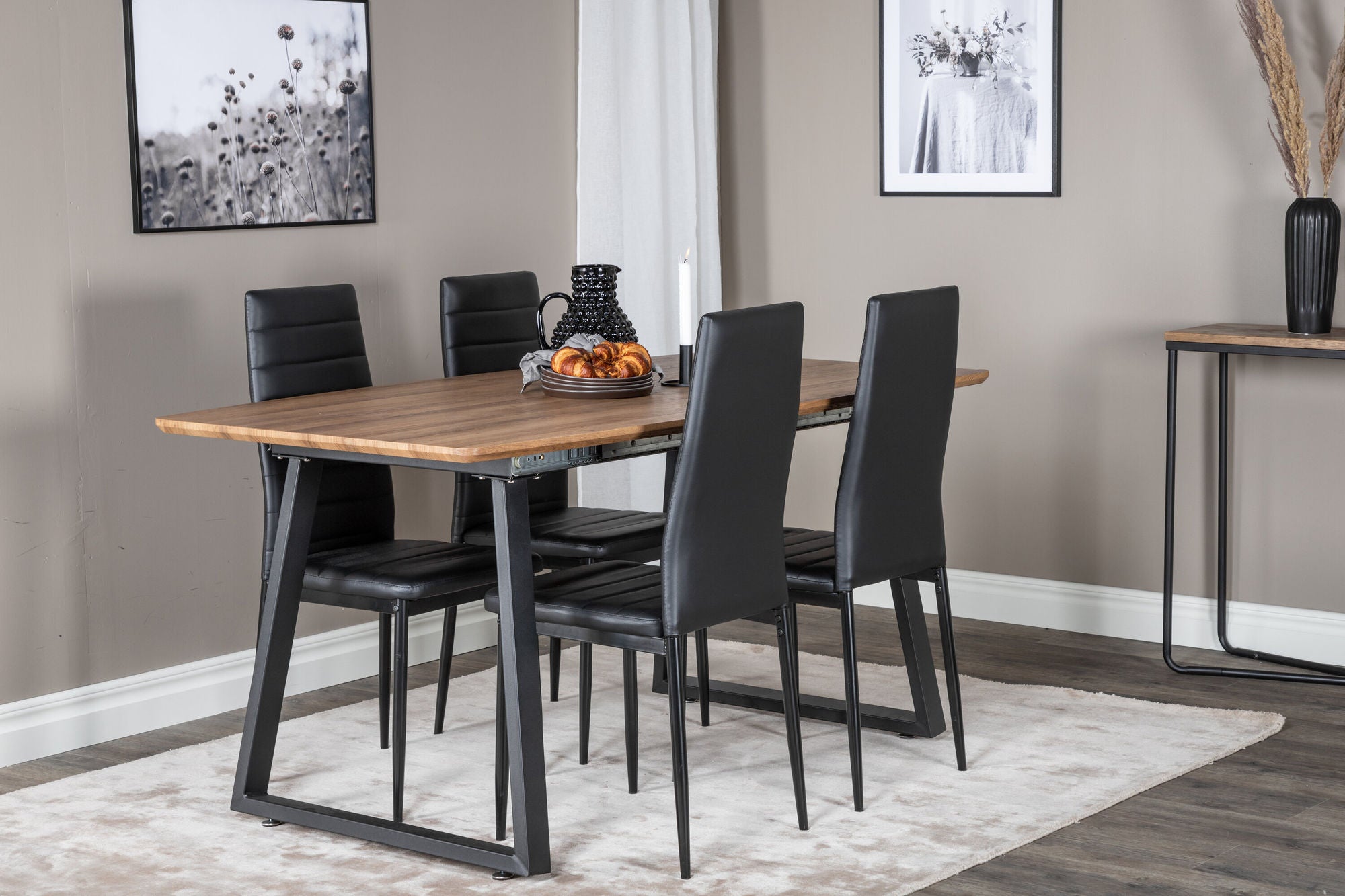 Venture Home Inca spisebord - 160/200*85*H75 - Oak / Black+Slim High Back Spisebordsstol - Black Legs - Black PU_4