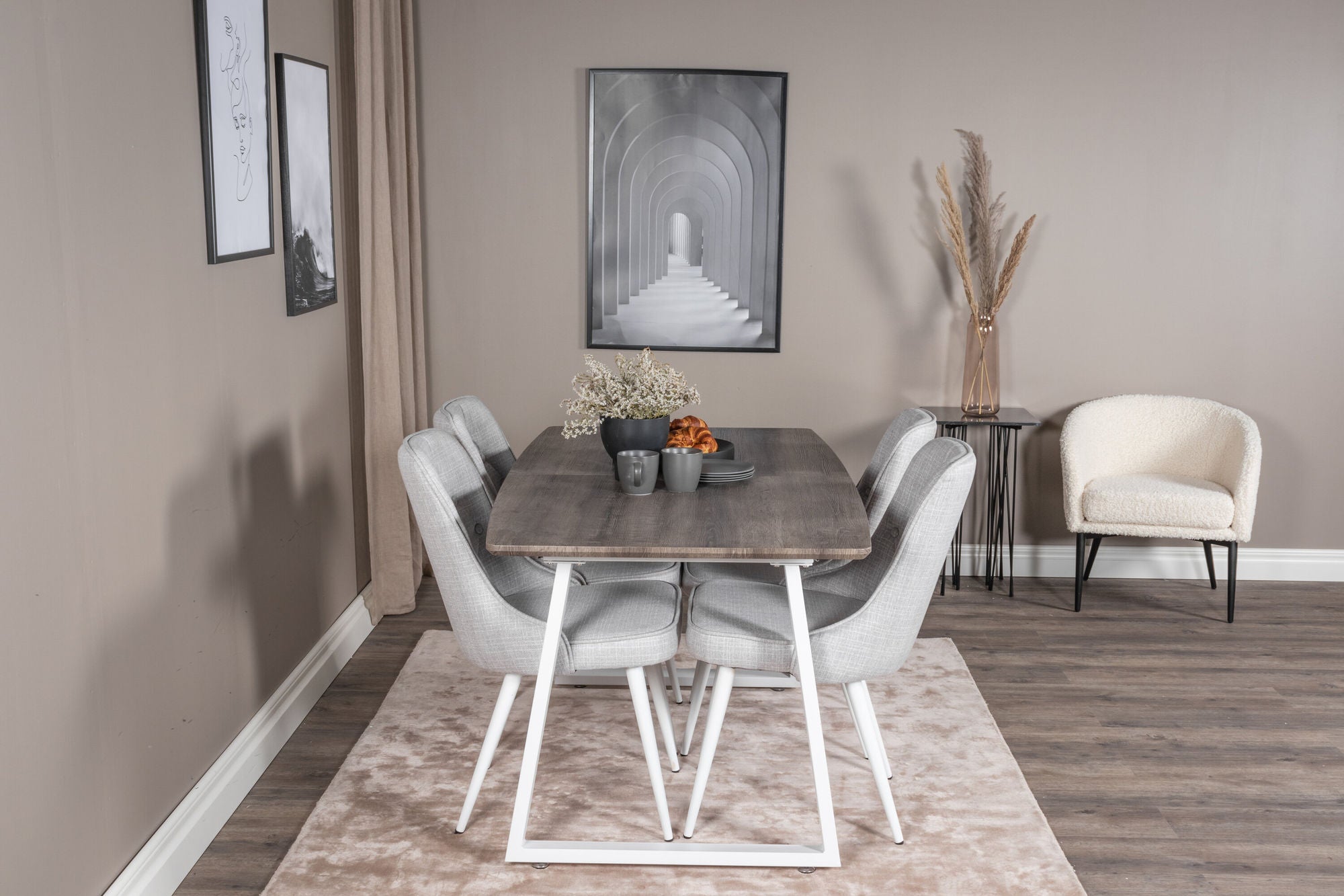 Venture Home Inca Extentionbord - grey "oak" / white Legs+Velvet Deluxe Spisebordsstol - White Legs - Light Grey Fabric_4
