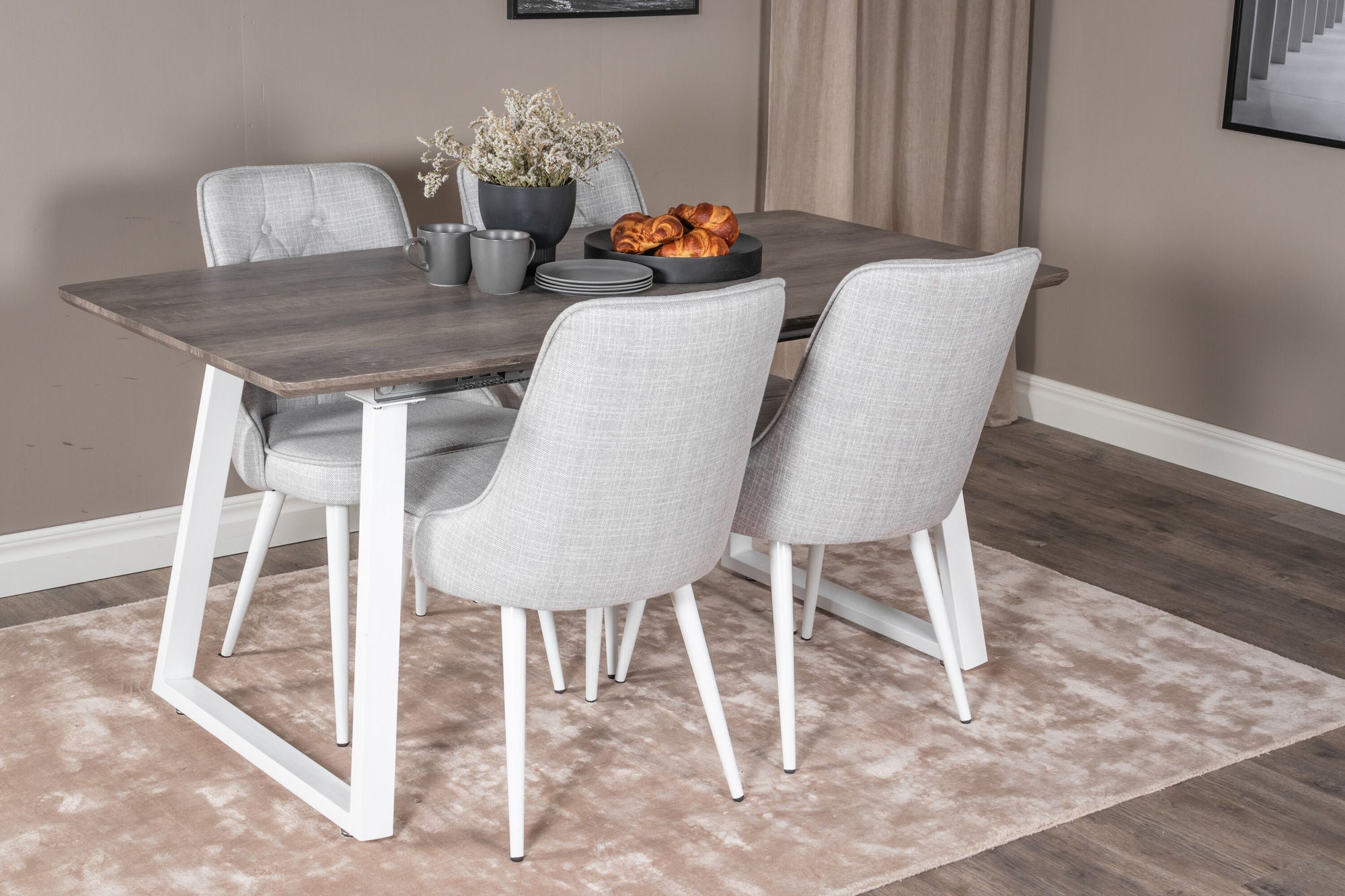 Venture Home Inca Extentionbord - grey "oak" / white Legs+Velvet Deluxe Spisebordsstol - White Legs - Light Grey Fabric_4