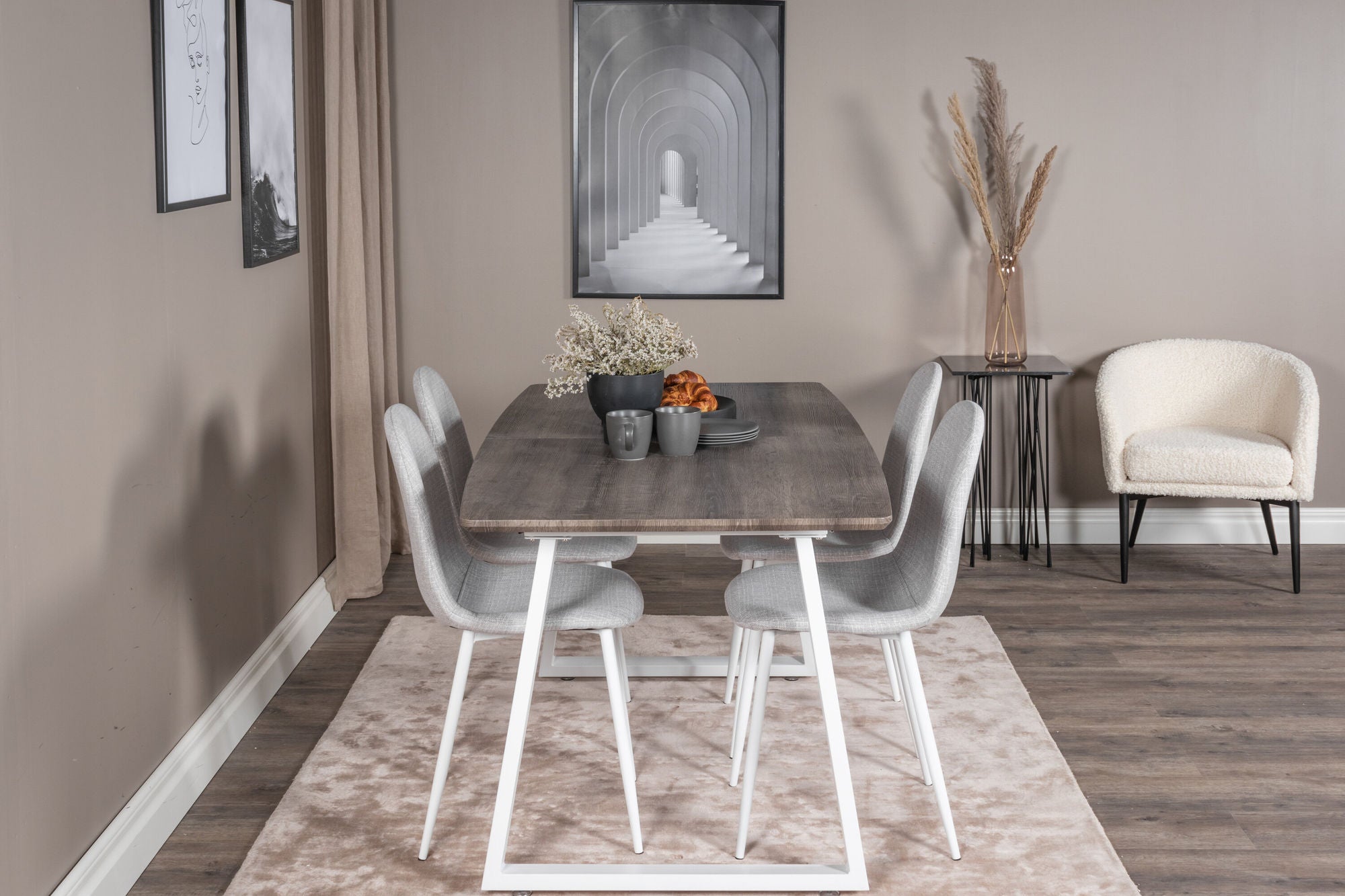 Venture Home Inca Extentionbord - grey "oak" / white Legs+Polar Spisebordsstol - White Legs - Light Grey Fabric_4