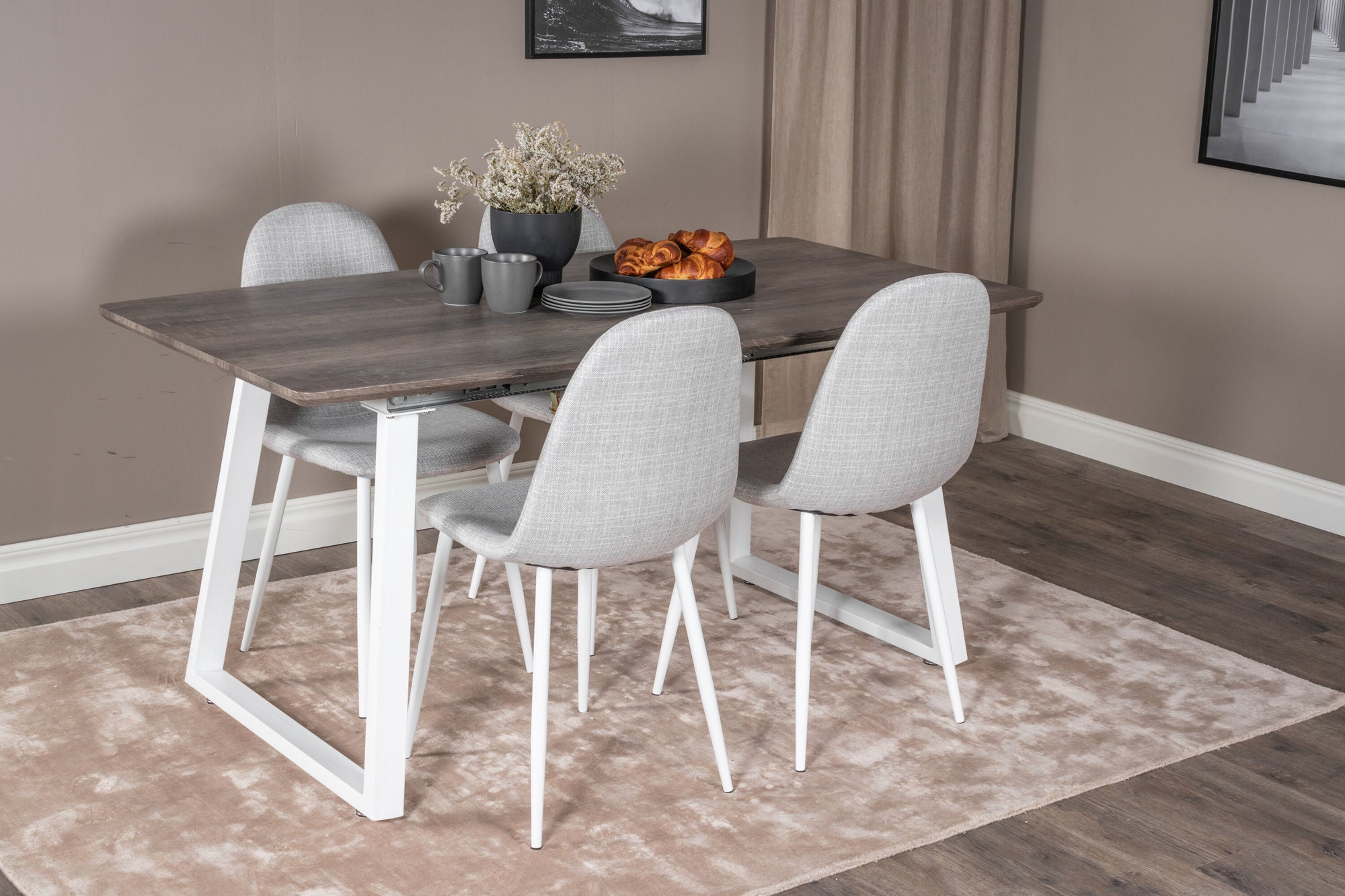 Venture Home Inca Extentionbord - grey "oak" / white Legs+Polar Spisebordsstol - White Legs - Light Grey Fabric_4