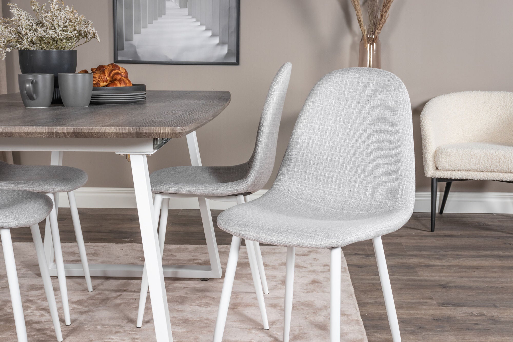 Venture Home Inca Extentionbord - grey "oak" / white Legs+Polar Spisebordsstol - White Legs - Light Grey Fabric_4