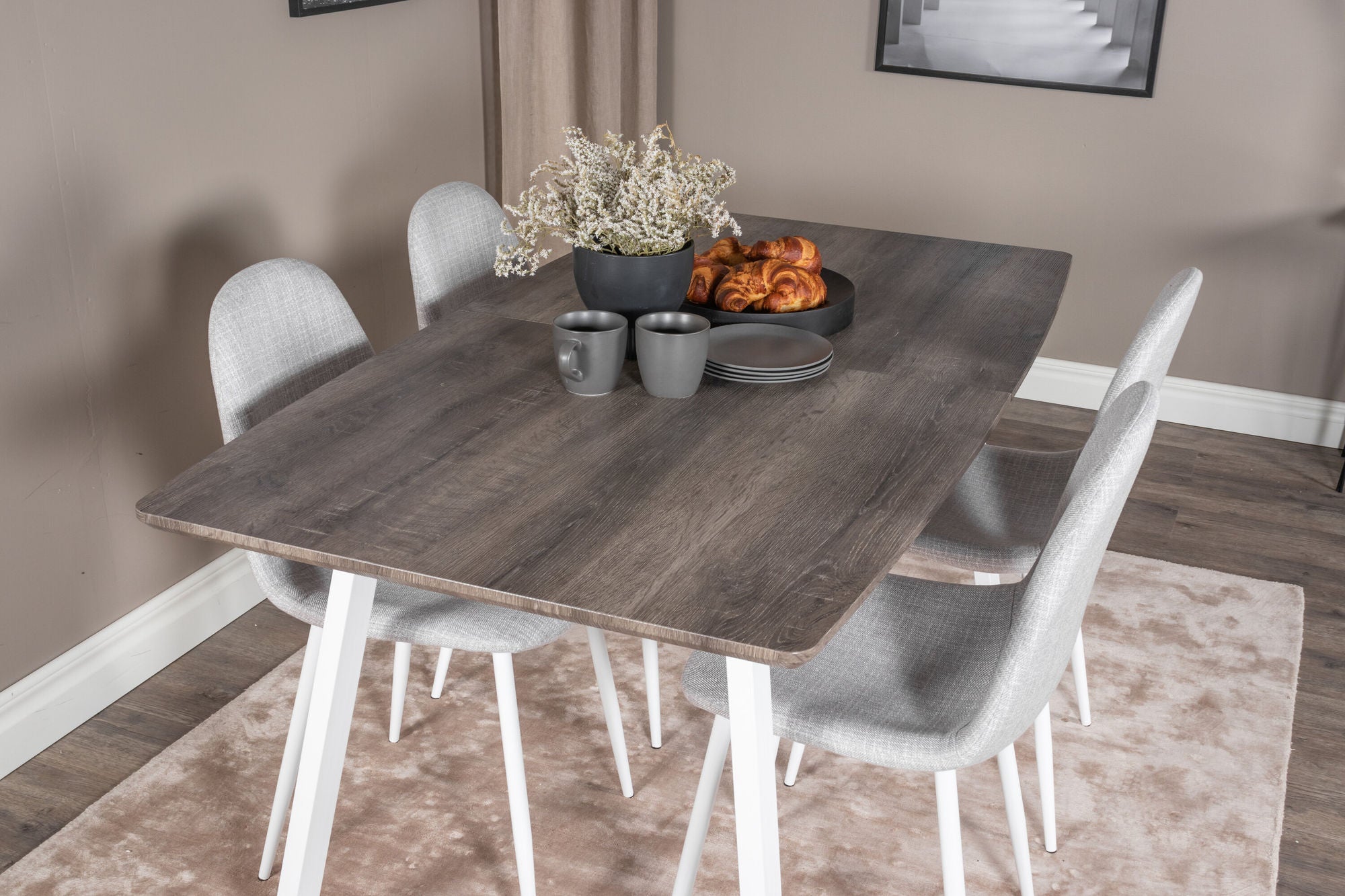 Venture Home Inca Extentionbord - grey "oak" / white Legs+Polar Spisebordsstol - White Legs - Light Grey Fabric_4