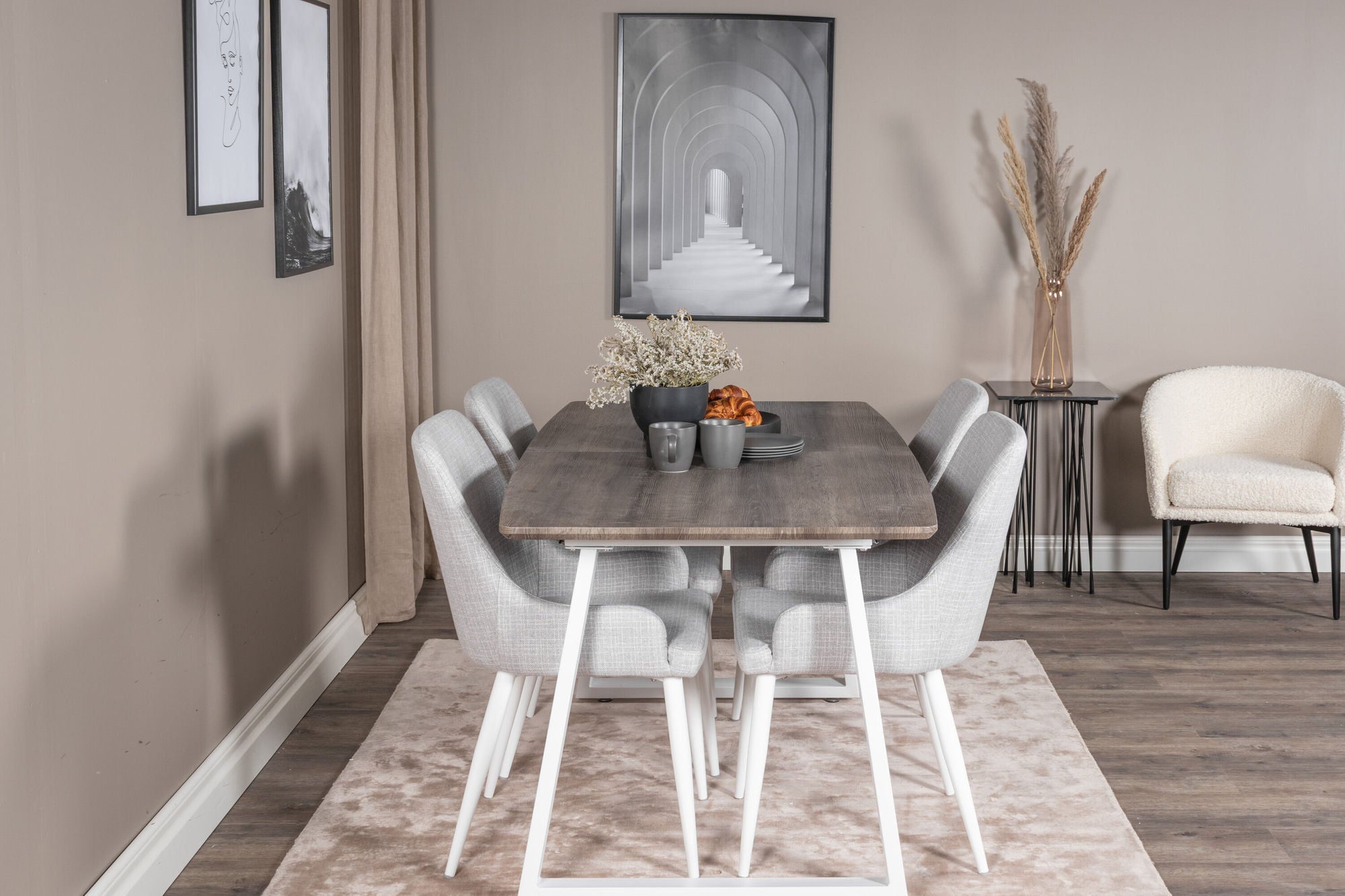 Venture Home Inca Extentionbord - grey "oak" / white Legs+Plaza Dining chair - White legs - Light Grey Fabric_4