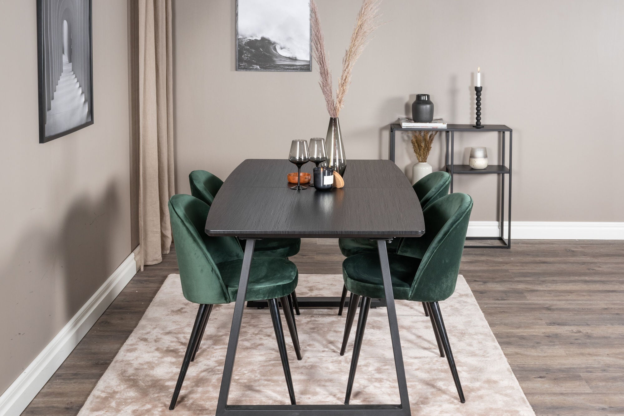 Venture Home Inca Extentionbord - Black top / black Legs+Velvet Spisebordsstol - Green / Black_4