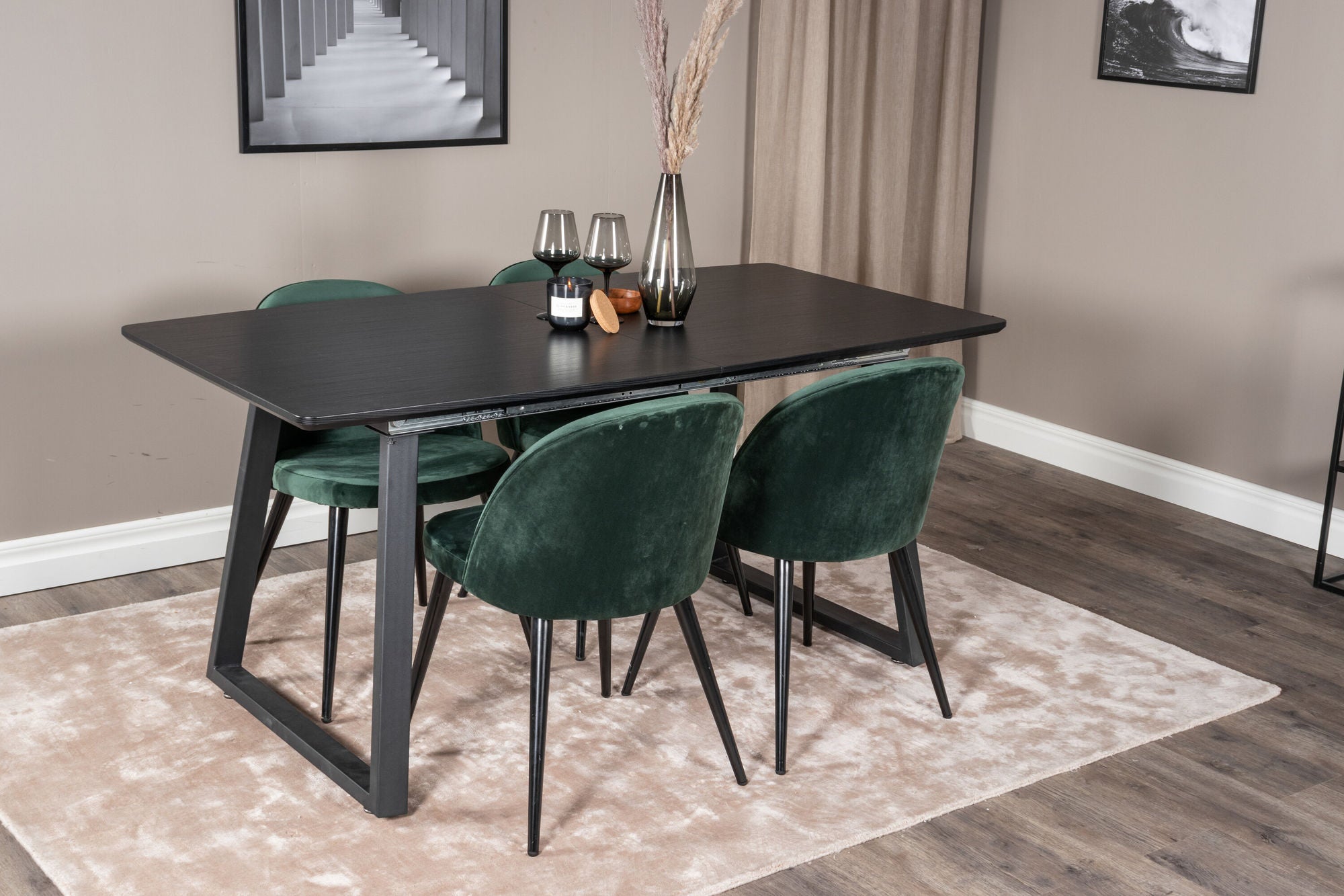 Venture Home Inca Extentionbord - Black top / black Legs+Velvet Spisebordsstol - Green / Black_4