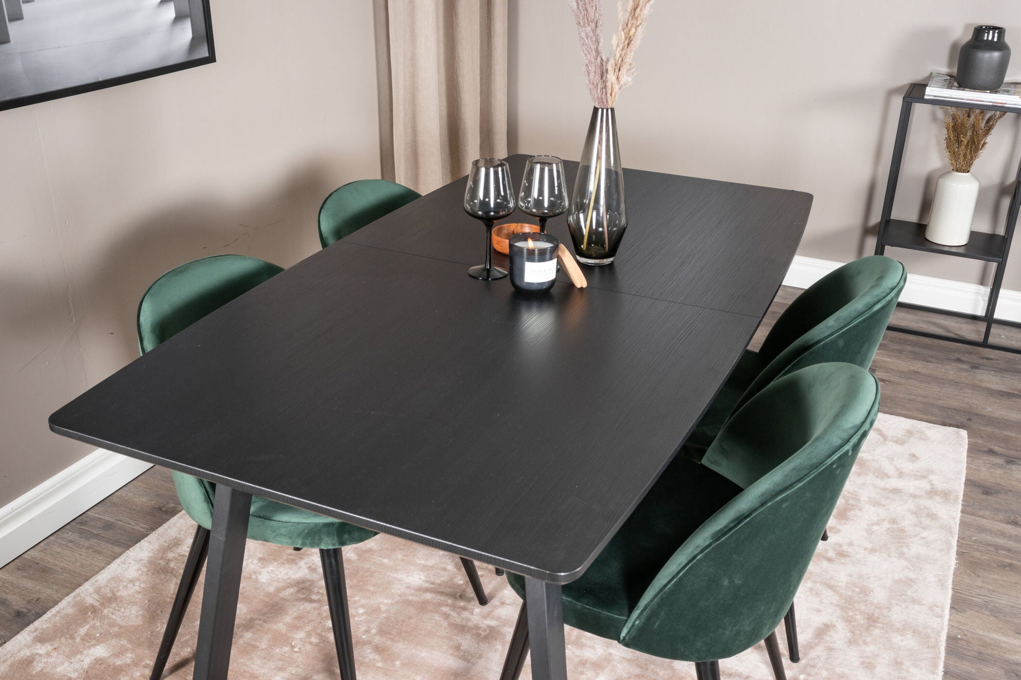 Venture Home Inca Extentionbord - Black top / black Legs+Velvet Spisebordsstol - Green / Black_4