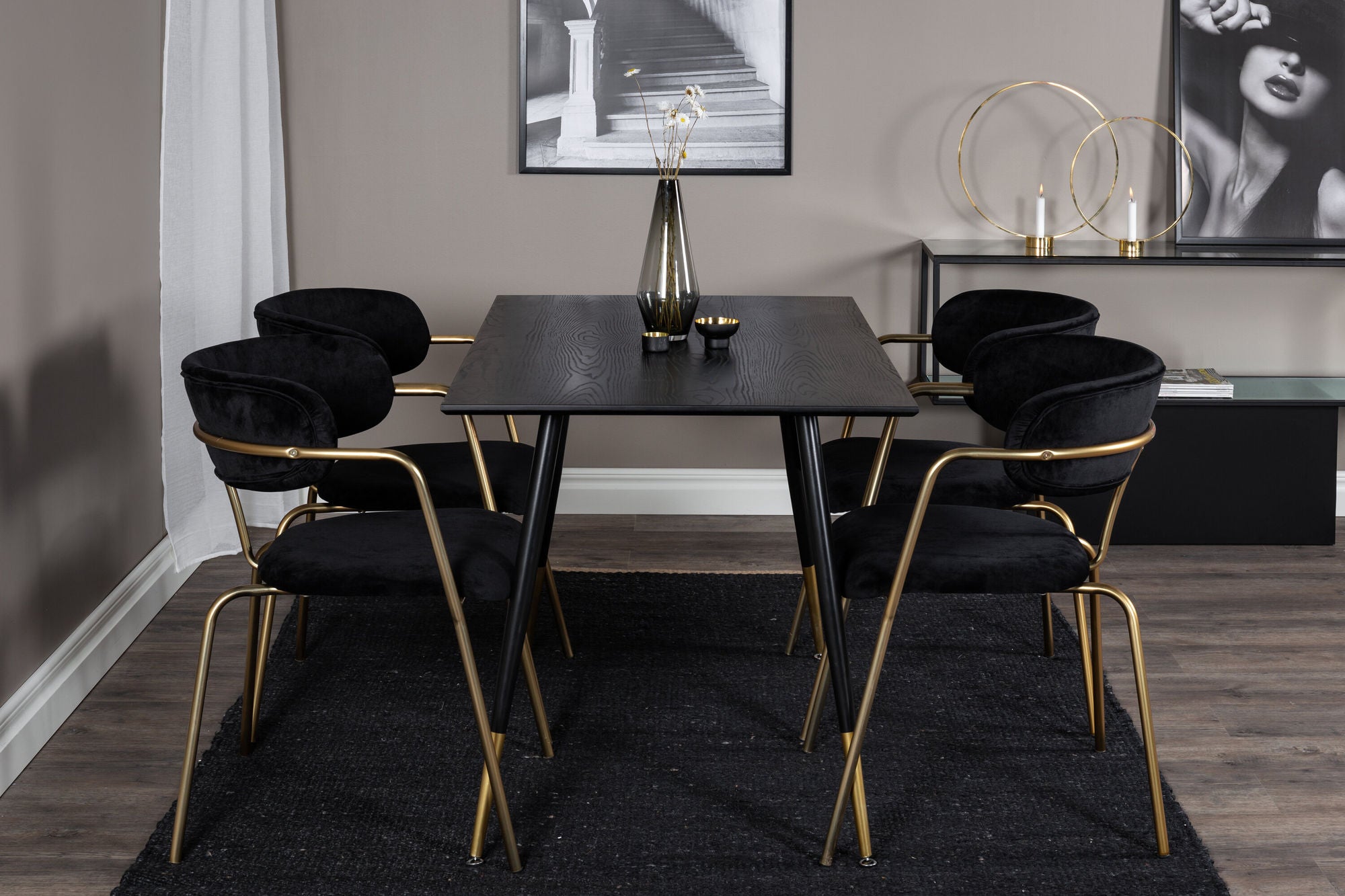 Venture Home Dipp spisebord - 120 cm - Black Veneer - Black Legs w. Brass dipp+Arrow armchair - Brass Legs - Black Velvet_4