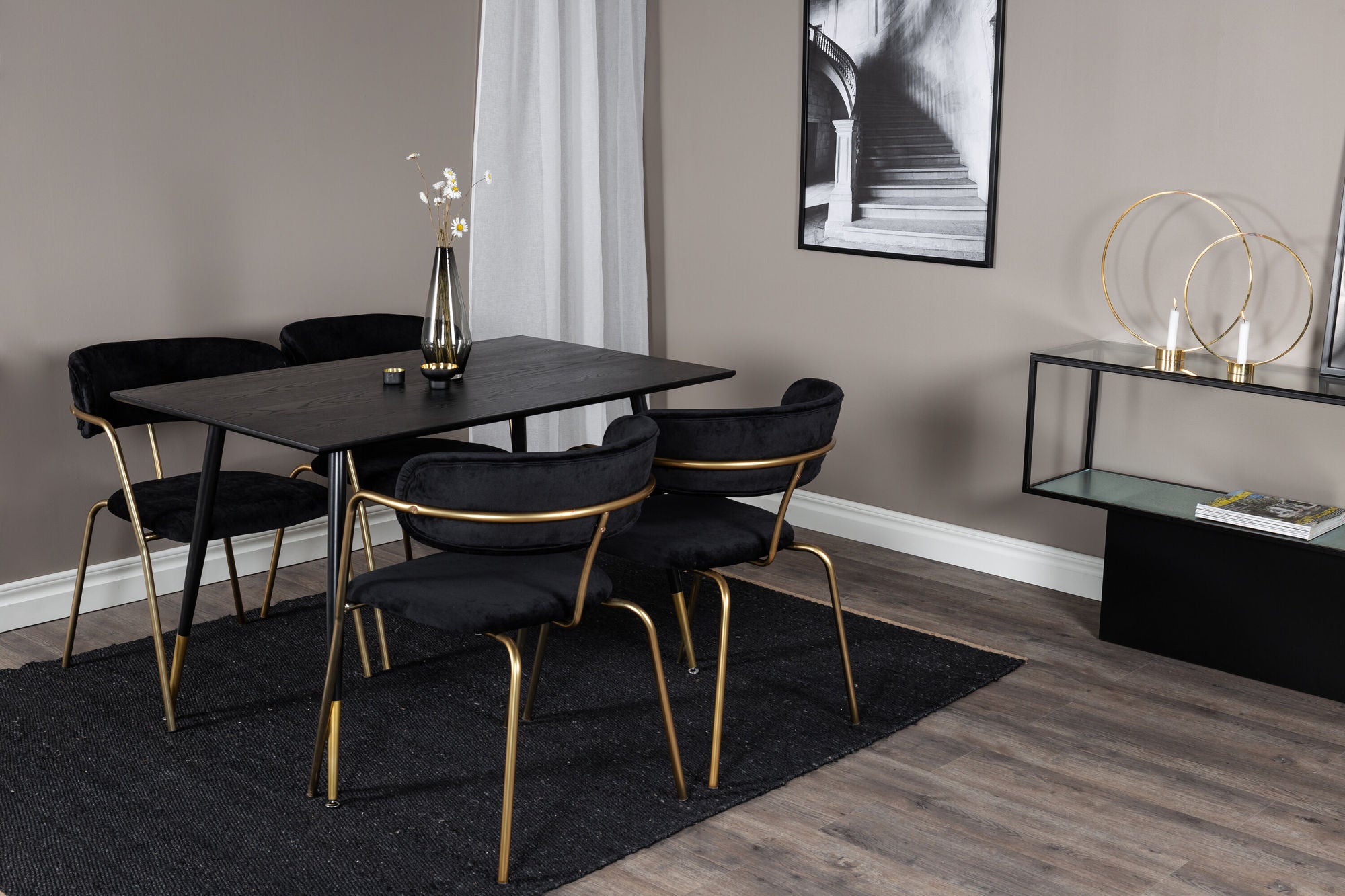 Venture Home Dipp spisebord - 120 cm - Black Veneer - Black Legs w. Brass dipp+Arrow armchair - Brass Legs - Black Velvet_4