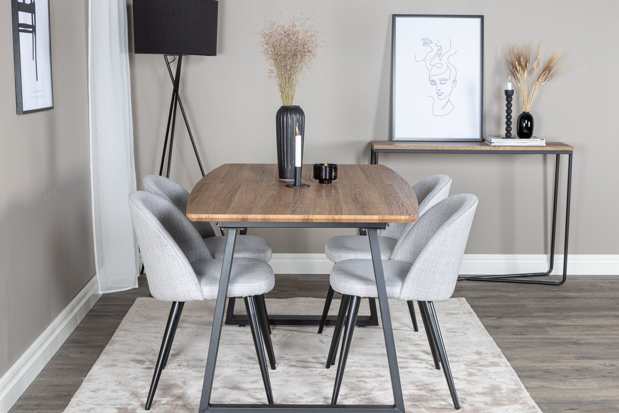 Venture Home Inca spisebord - 160/200*85*H75 - Oak / Black+Velvet Dining Chiar - Black legs - Light GreyFabric_4