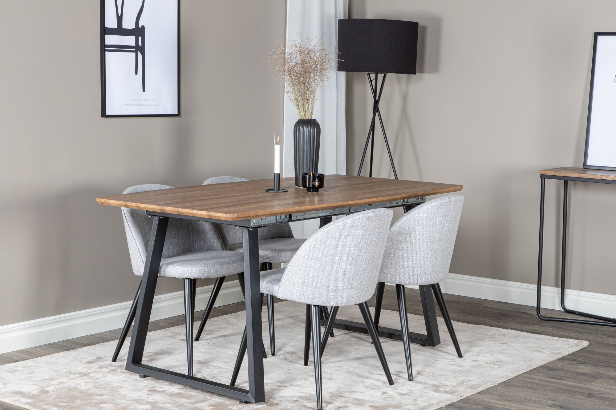 Venture Home Inca spisebord - 160/200*85*H75 - Oak / Black+Velvet Dining Chiar - Black legs - Light GreyFabric_4
